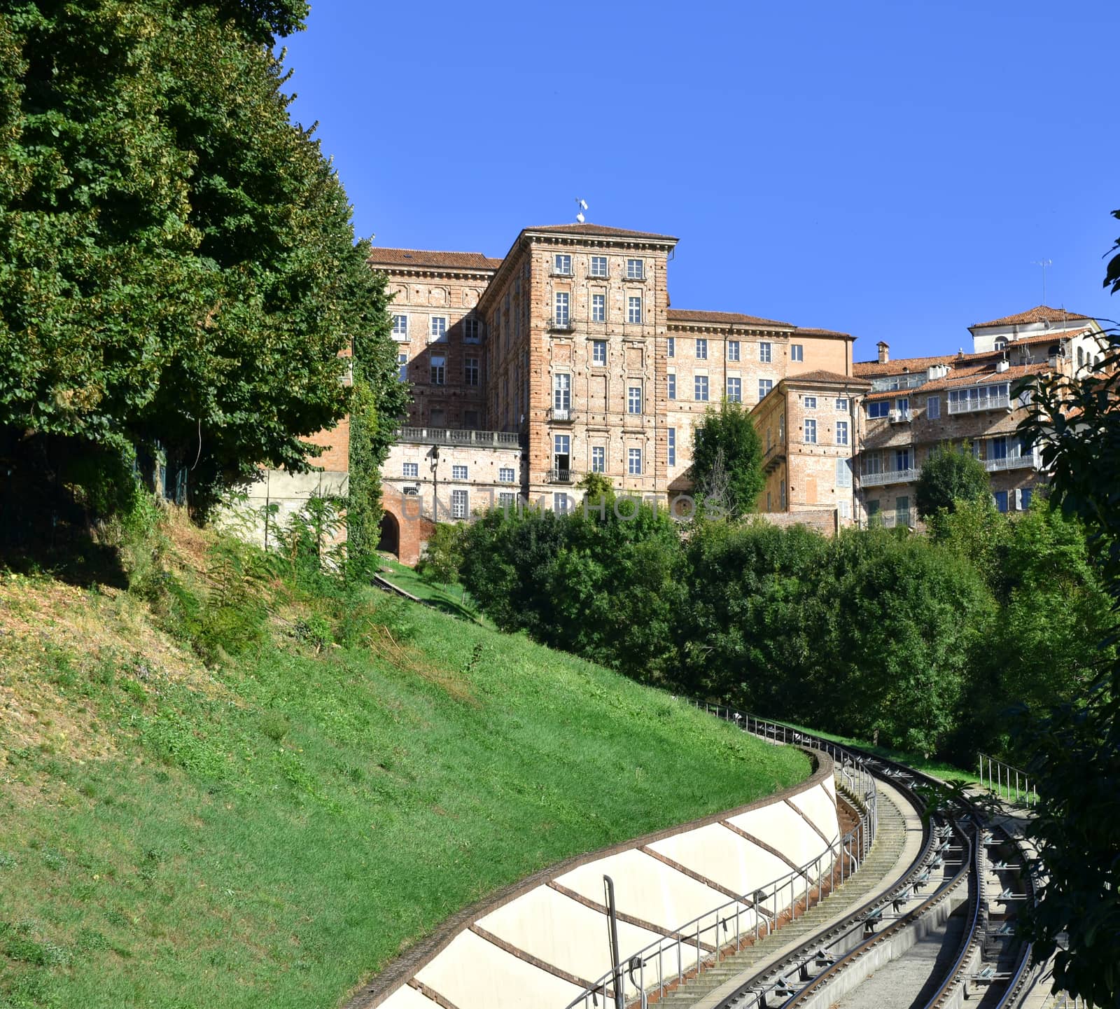 Mondovi Piazza with medieval buildings and a branch of railways