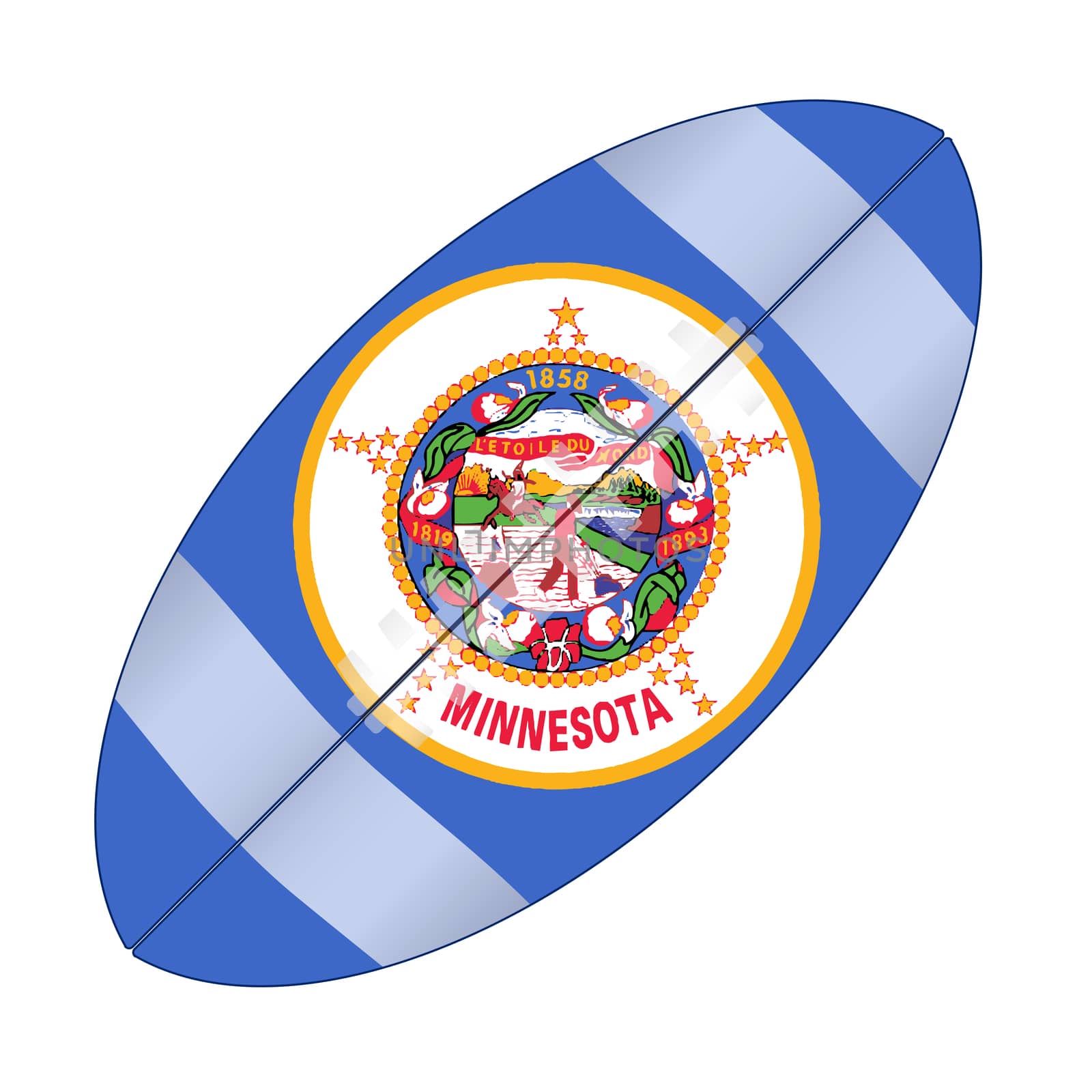 A typical american type foorball over a white background with the flag of Minnesota