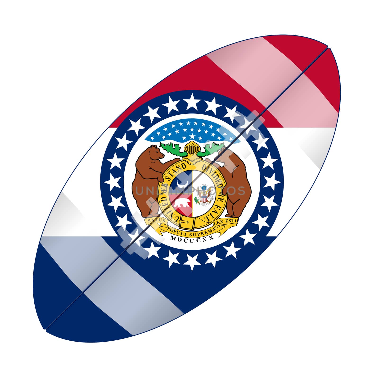 A typical american type foorball over a white background with the flag of Missouri