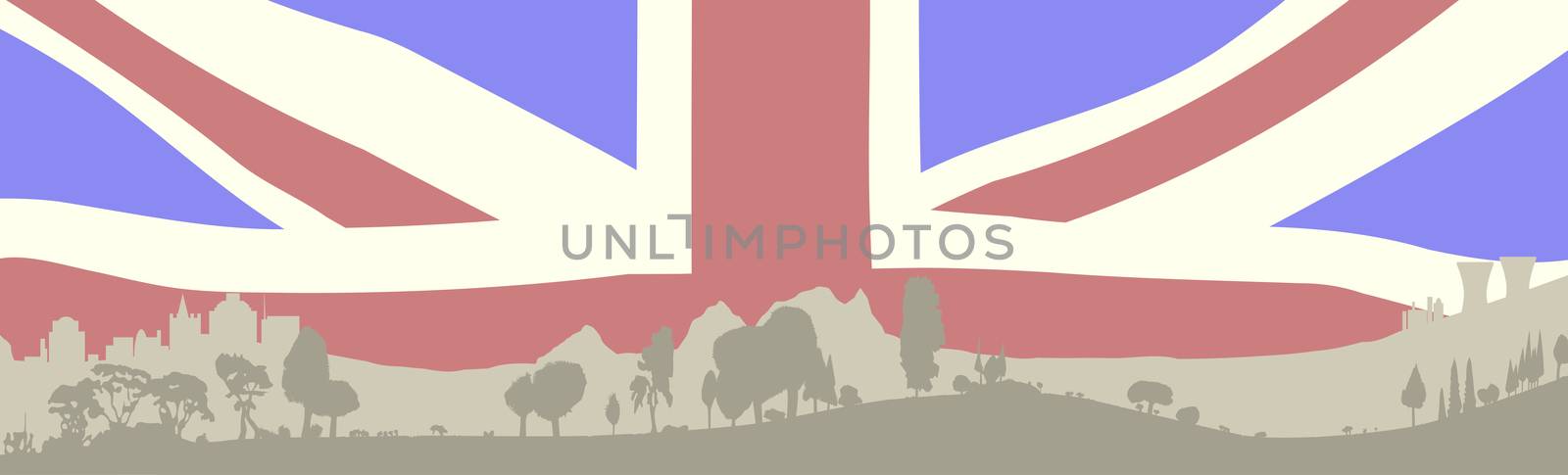 Silhouette of a wooded foreground set on a hill background with buildings anf faded Union Jack flag