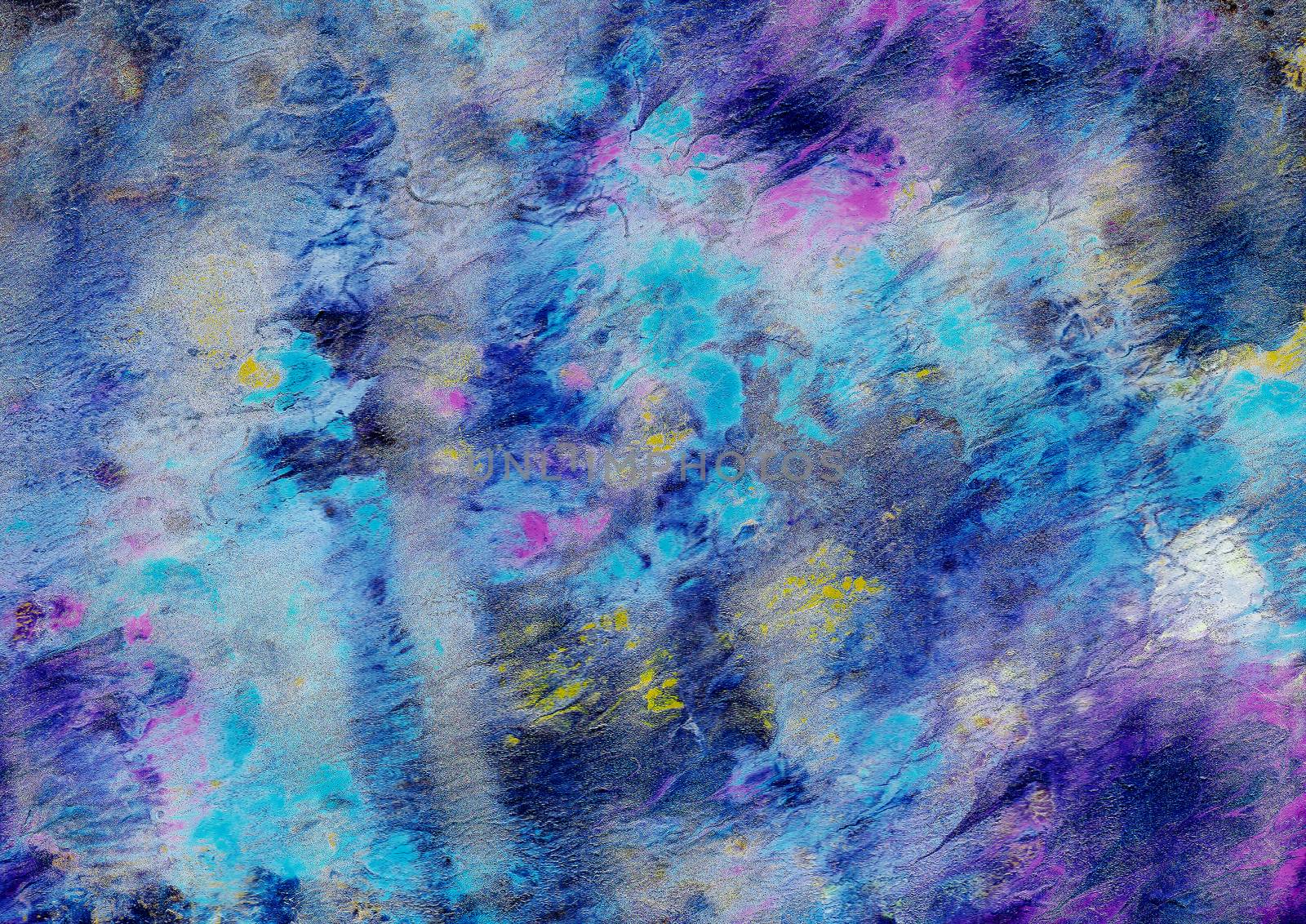 Blue background, hand-painted texture, stroke, splashes, drops of paint, paint smears. Design for backgrounds, wallpapers, covers and packaging.