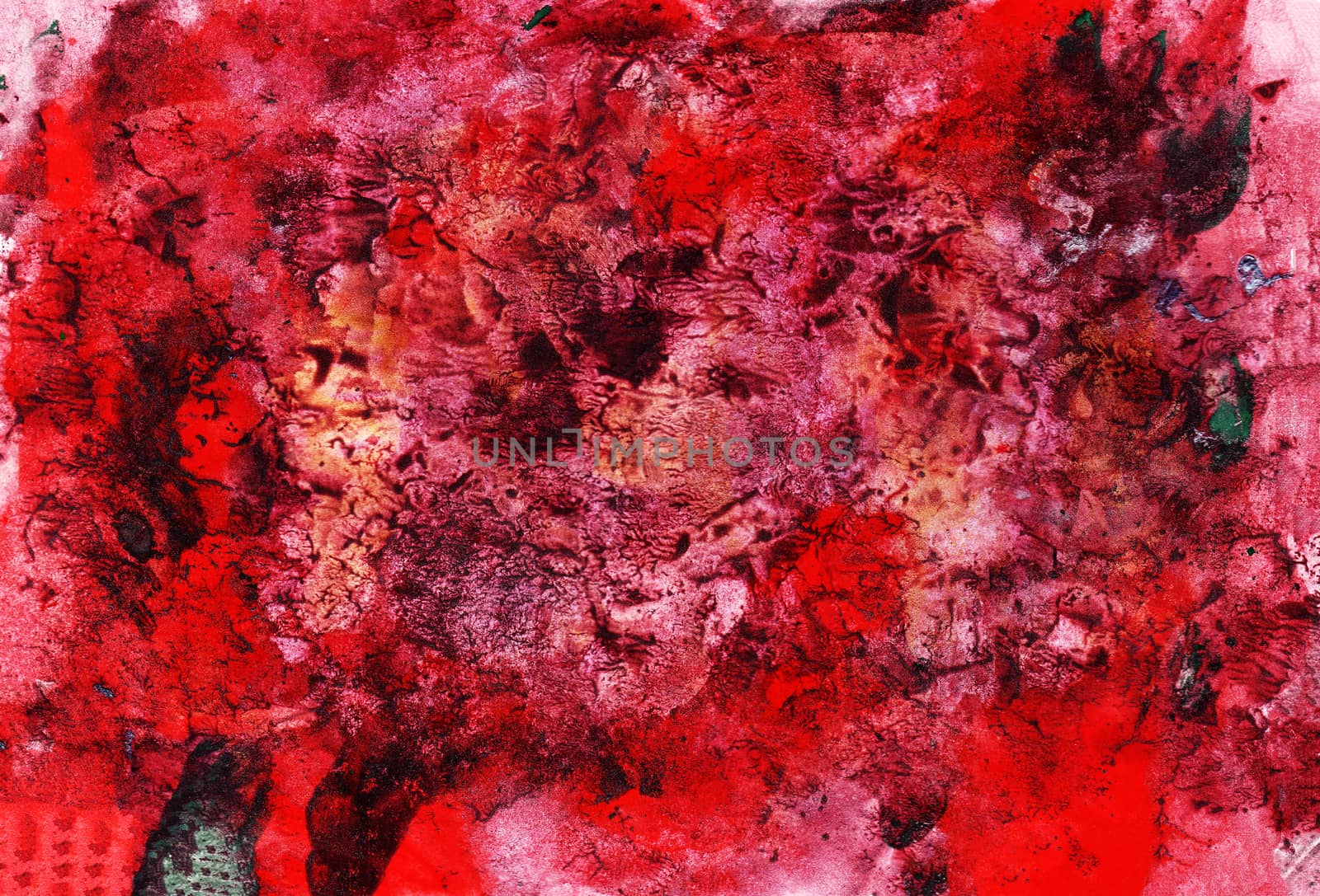 Red abstract background, hand painted texture, splashes, drops of paint, paint smears. Design for backgrounds, wallpapers, covers and packaging.
