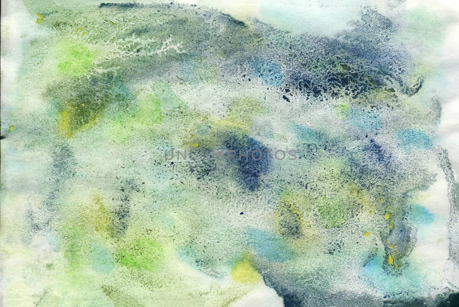 Light blue, green and yellow hand-painted texture, watercolor painting, splashes, drops of paint, paint smears. Design for backgrounds, wallpapers, covers and packaging.