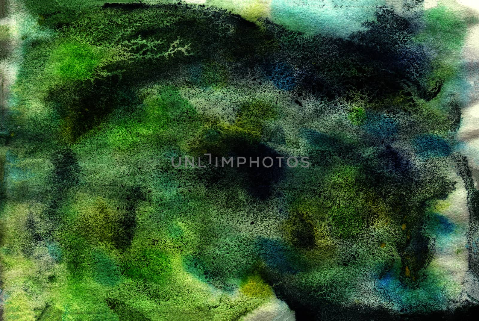 Spring green hand-painted texture, splashes, drops of paint, paint smears. Design for backgrounds, wallpapers, covers and packaging.