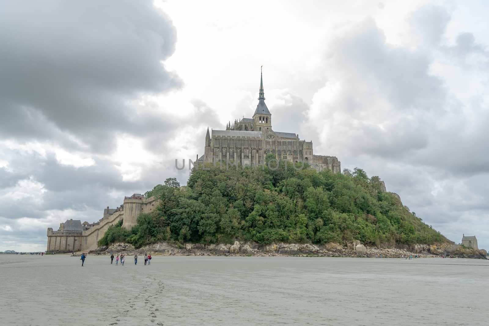 Normandy abbey attraction for vacation tourism in cloudy weather