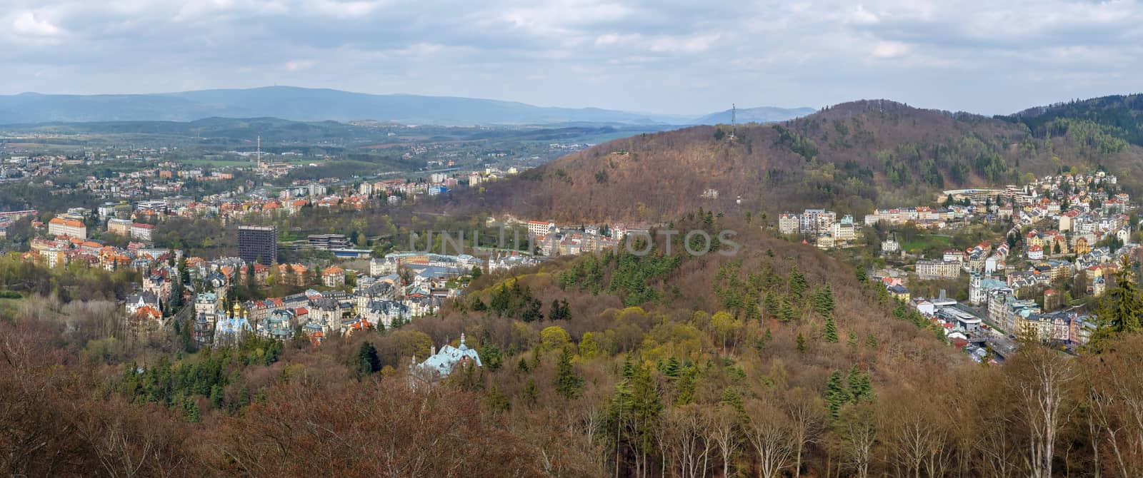 Panoramic view of Karlovy Vary from Diana observation tower on hill, Czech republic