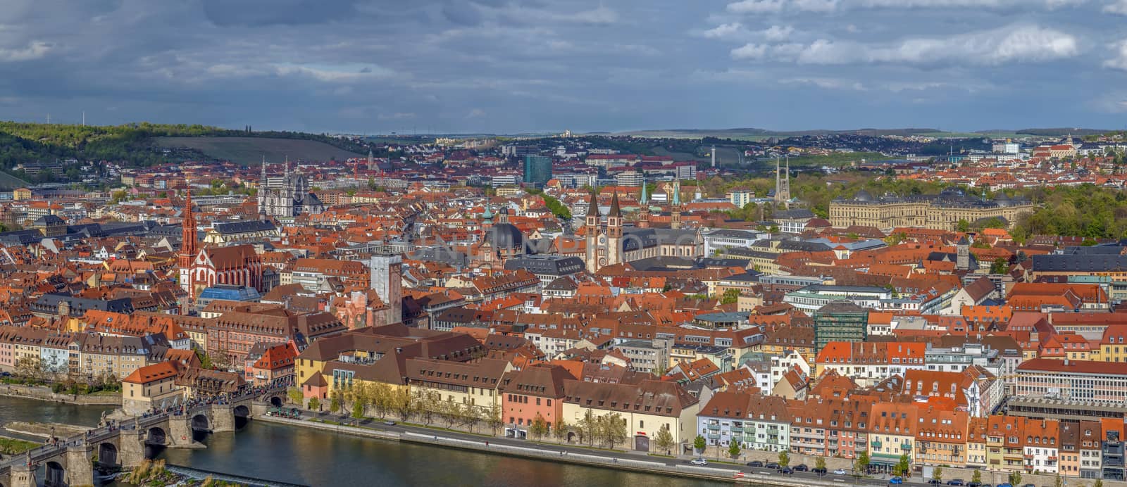 Panoramic view of  historical center of Wurzburg  from Marienberg Fortress, Germany