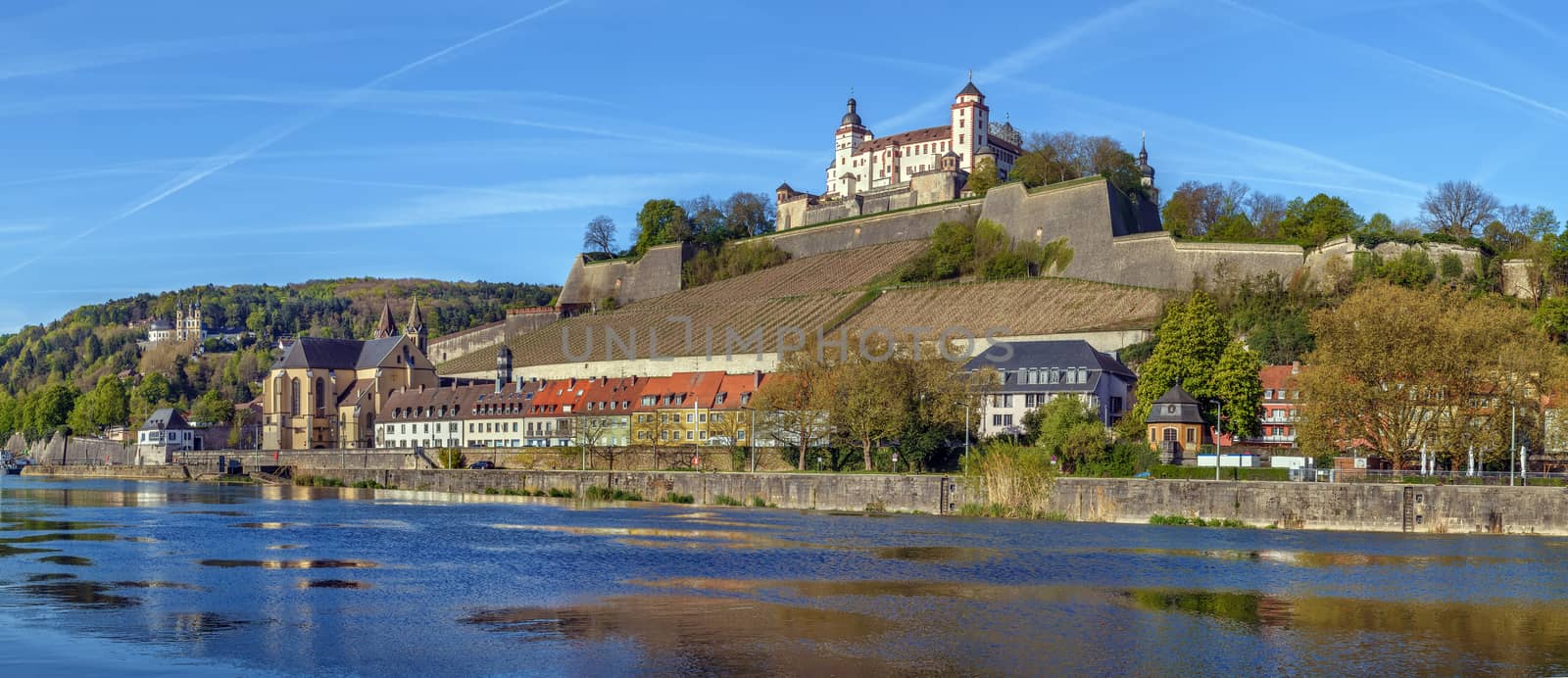 Panoramic view of Marienberg Fortress from Main river, Wurzburg, Germany