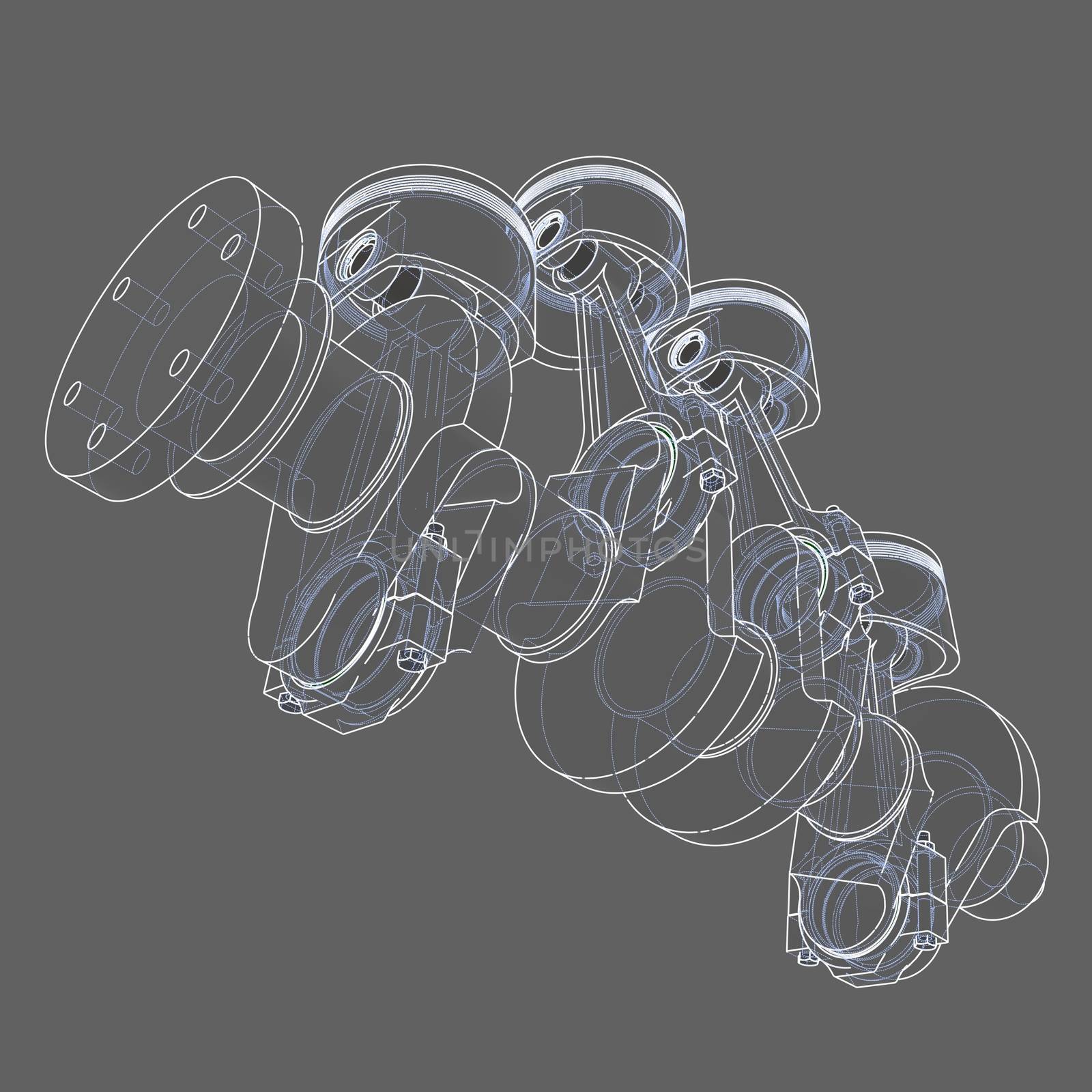 Engine pistons outline. 3D illustration. White lines and grey background