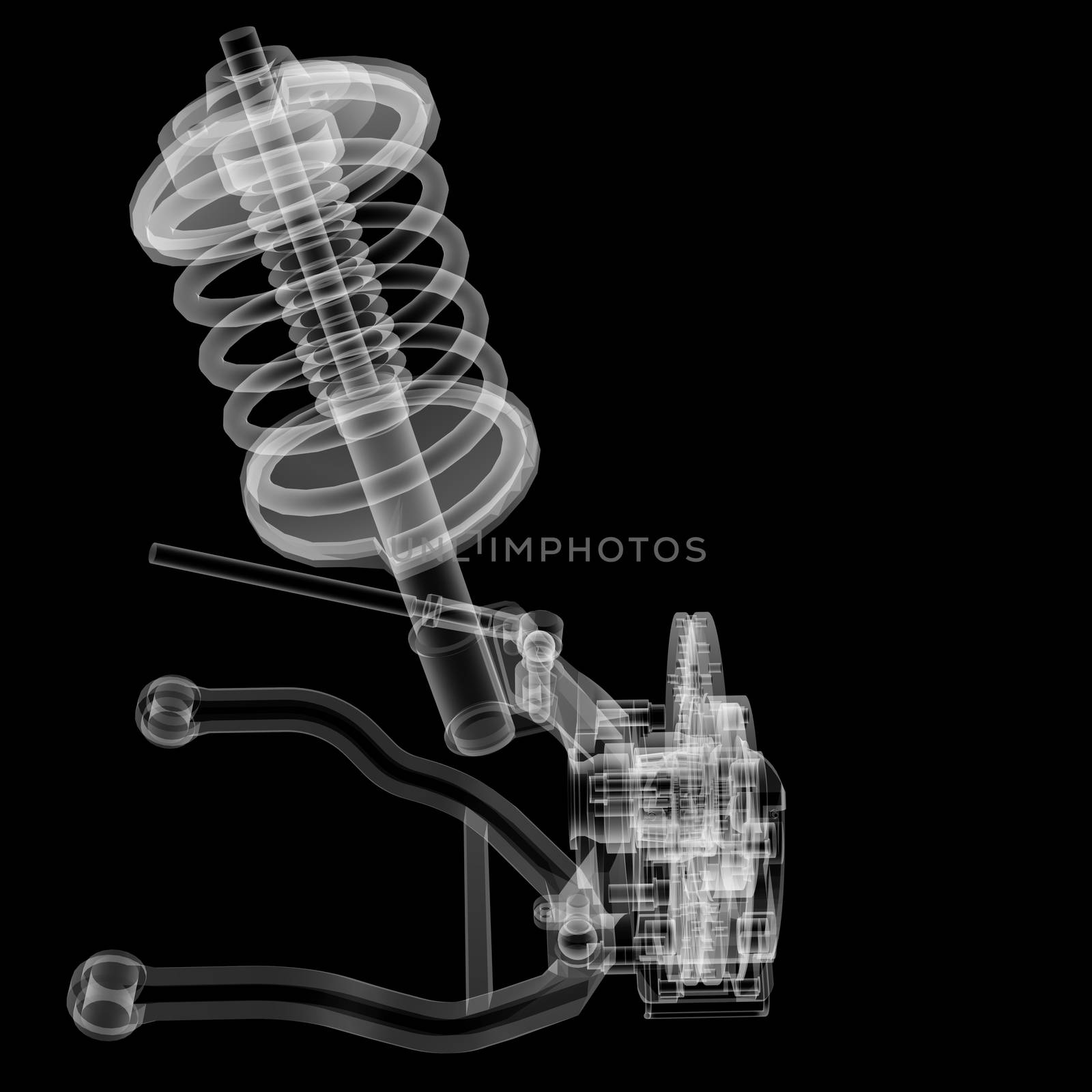 X-ray Car suspension and brake disk on black background, 3d illustration