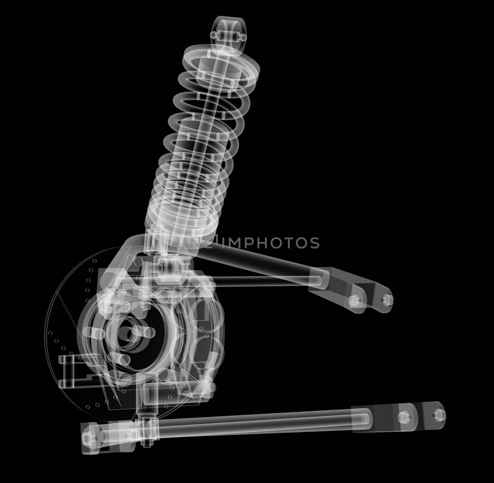 X-ray Car suspension and brake disk on black background, 3d illustration