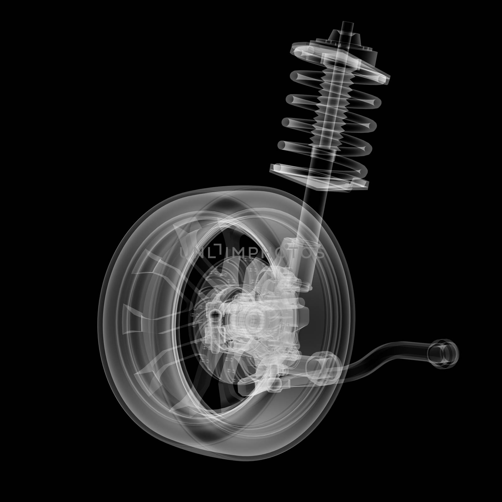 X-ray Car suspension and brake disk on black background, 3d illustration