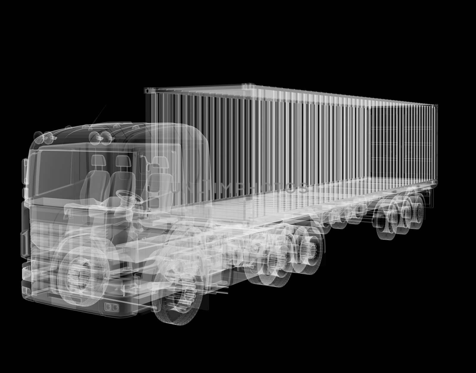 X-ray of heavy truck with semi-trailer on black background. 3D illustration