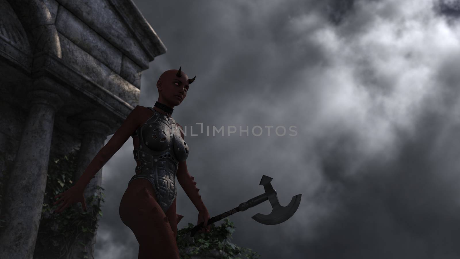 Female demon in old spooky mausoleum in moonlight - 3d rendering