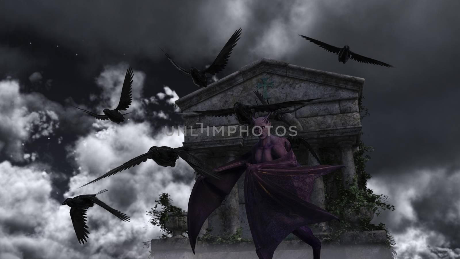 Fallen angel satan in old spooky mausoleum in moonlight by ankarb