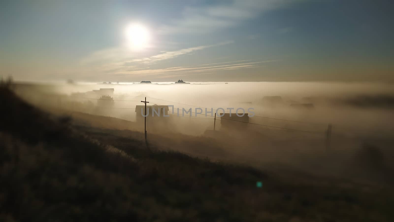 Mystic early Morning village in fog by marynkin