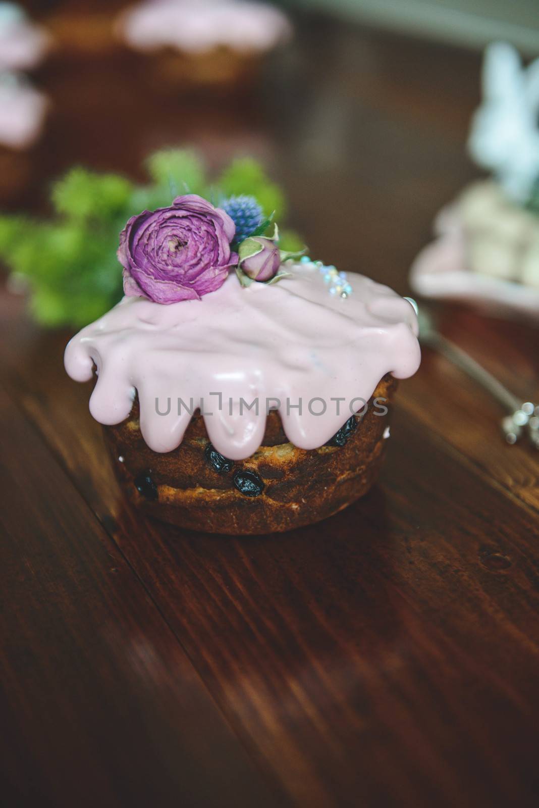 Easter, Easter cake with a complex composition, beautiful scenery, dried fruits by marynkin