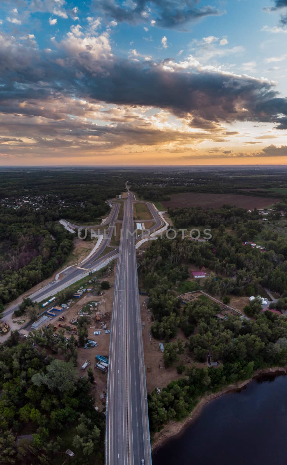 Bridge over the river aerial drone and beautiful sky by marynkin