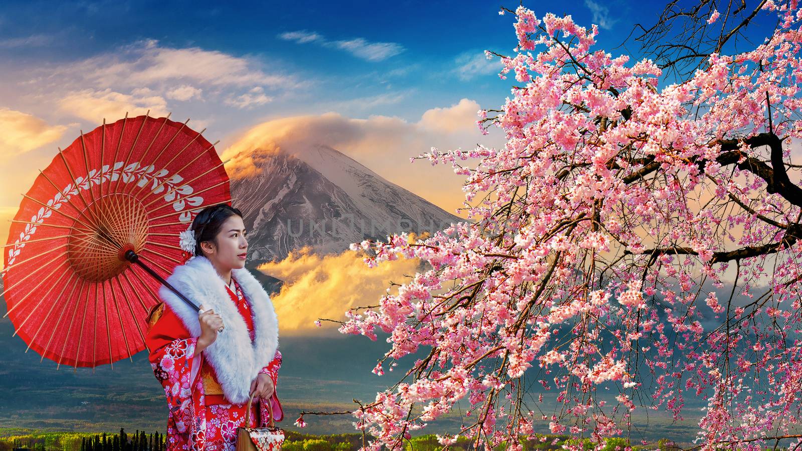 Asian woman wearing japanese traditional kimono at Fuji mountain and cherry blossom, Kawaguchiko lake in Japan.
