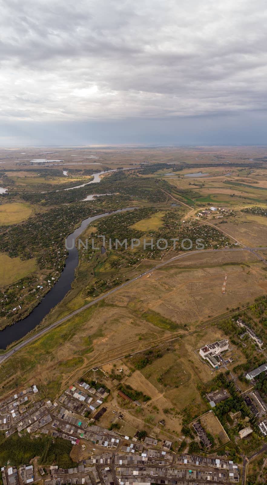 Aerial view on river and town. Panorama by marynkin