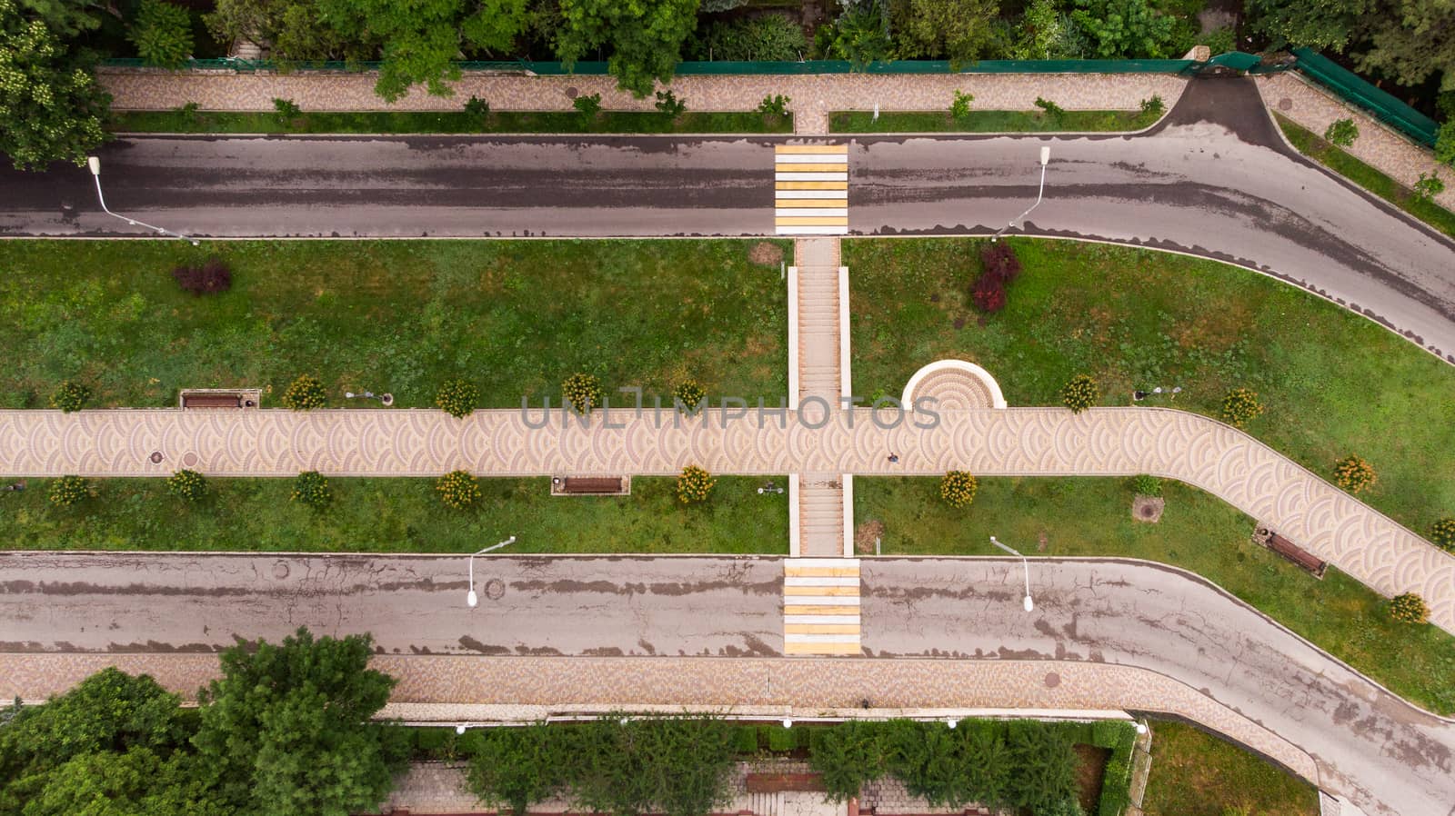 walking trail in the park. shooting from a drone.