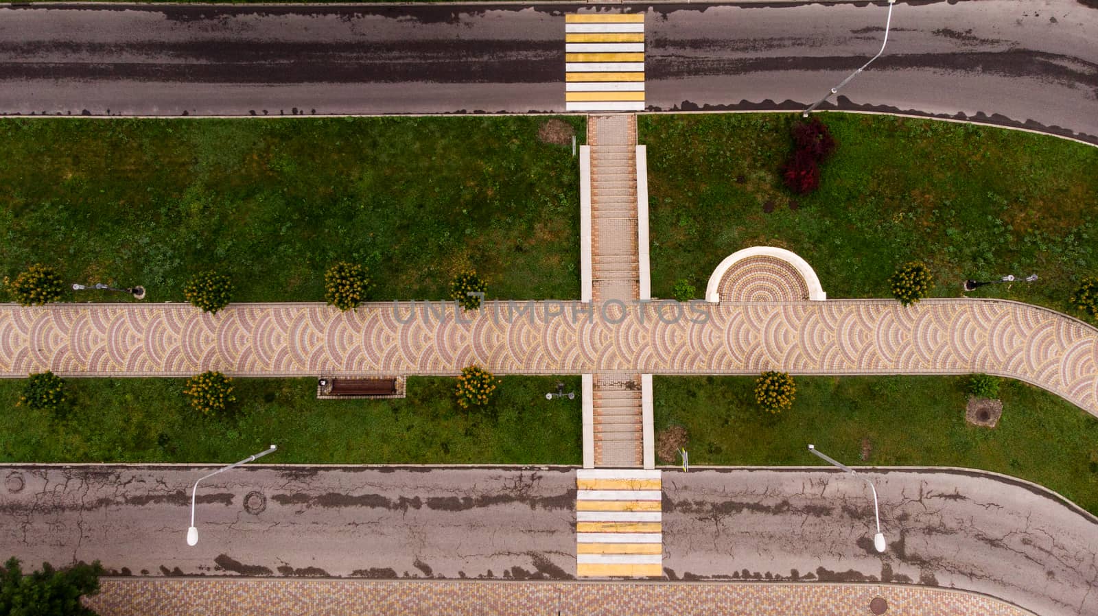 walking trail in the park. shooting from a drone.