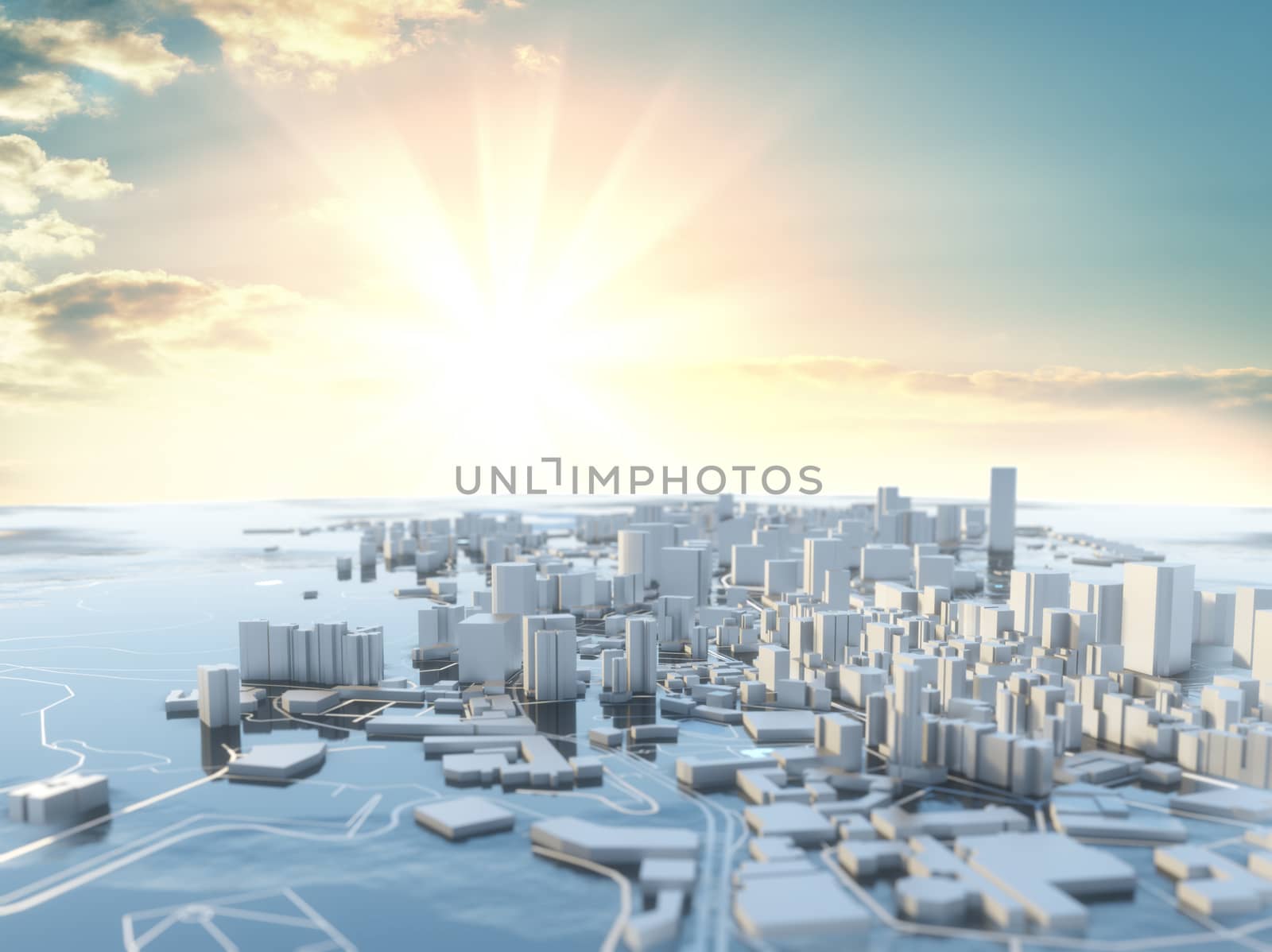 3D illustration. Futuristic City in sunny day by cherezoff