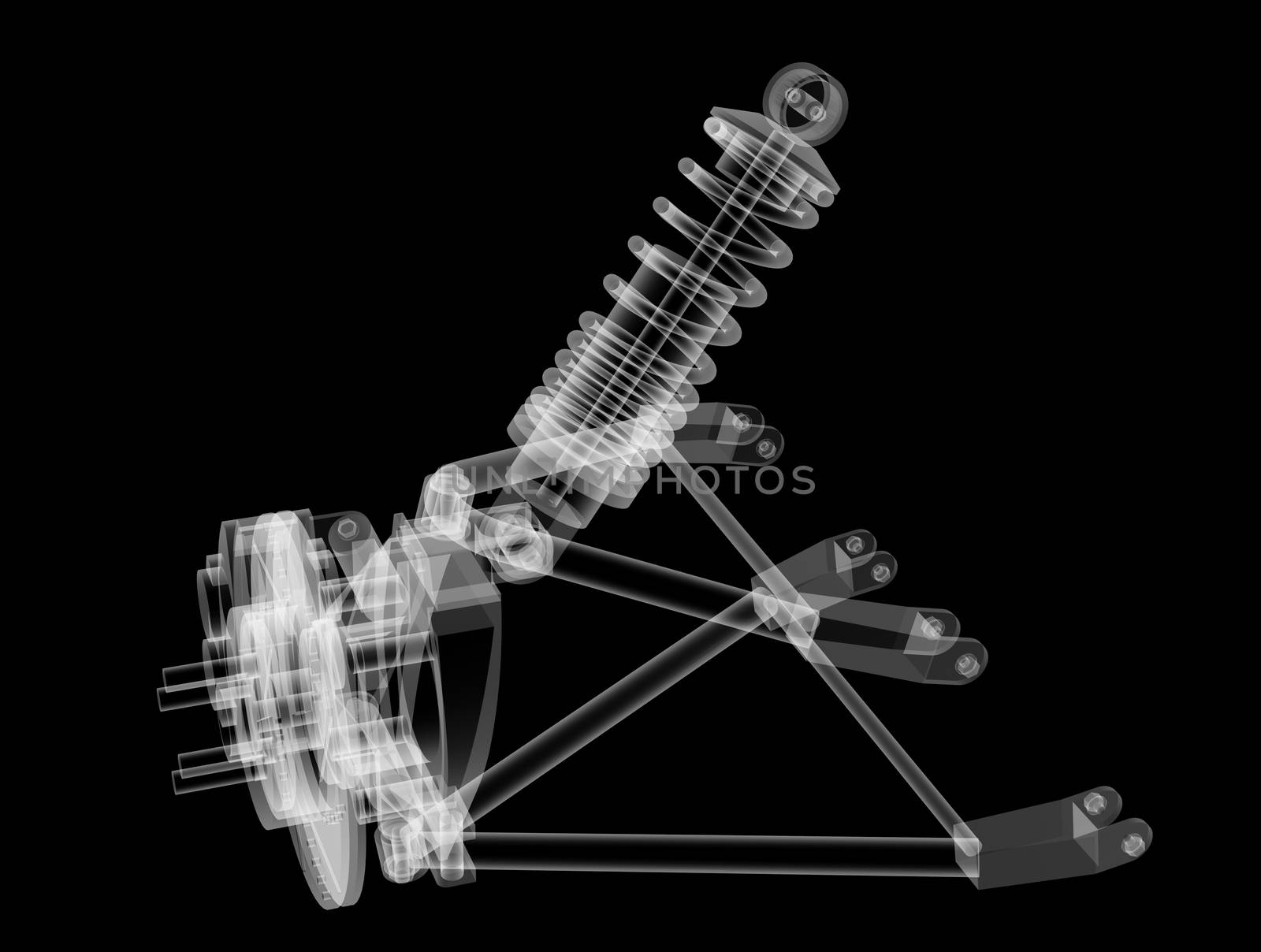 X-ray Car suspension and brake disk on black background, 3d illustration