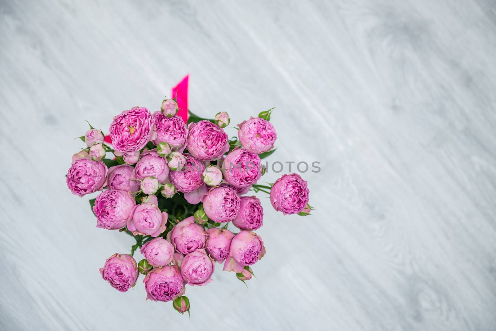 Garden flowers over grey wooden table background. Backdrop with copy space by marynkin