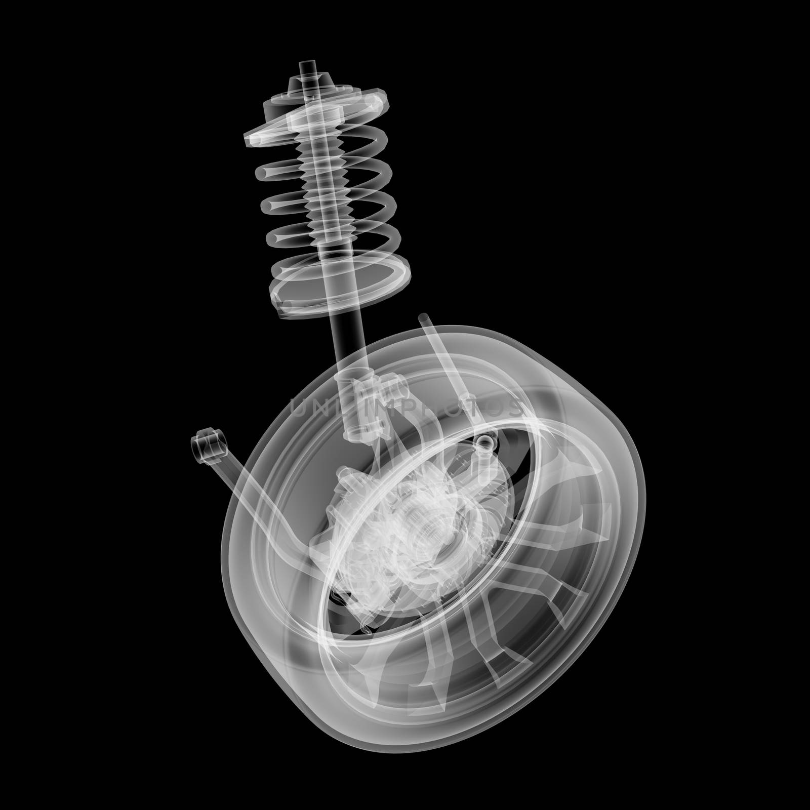 X-ray Car suspension and brake disk on black background, 3d illustration