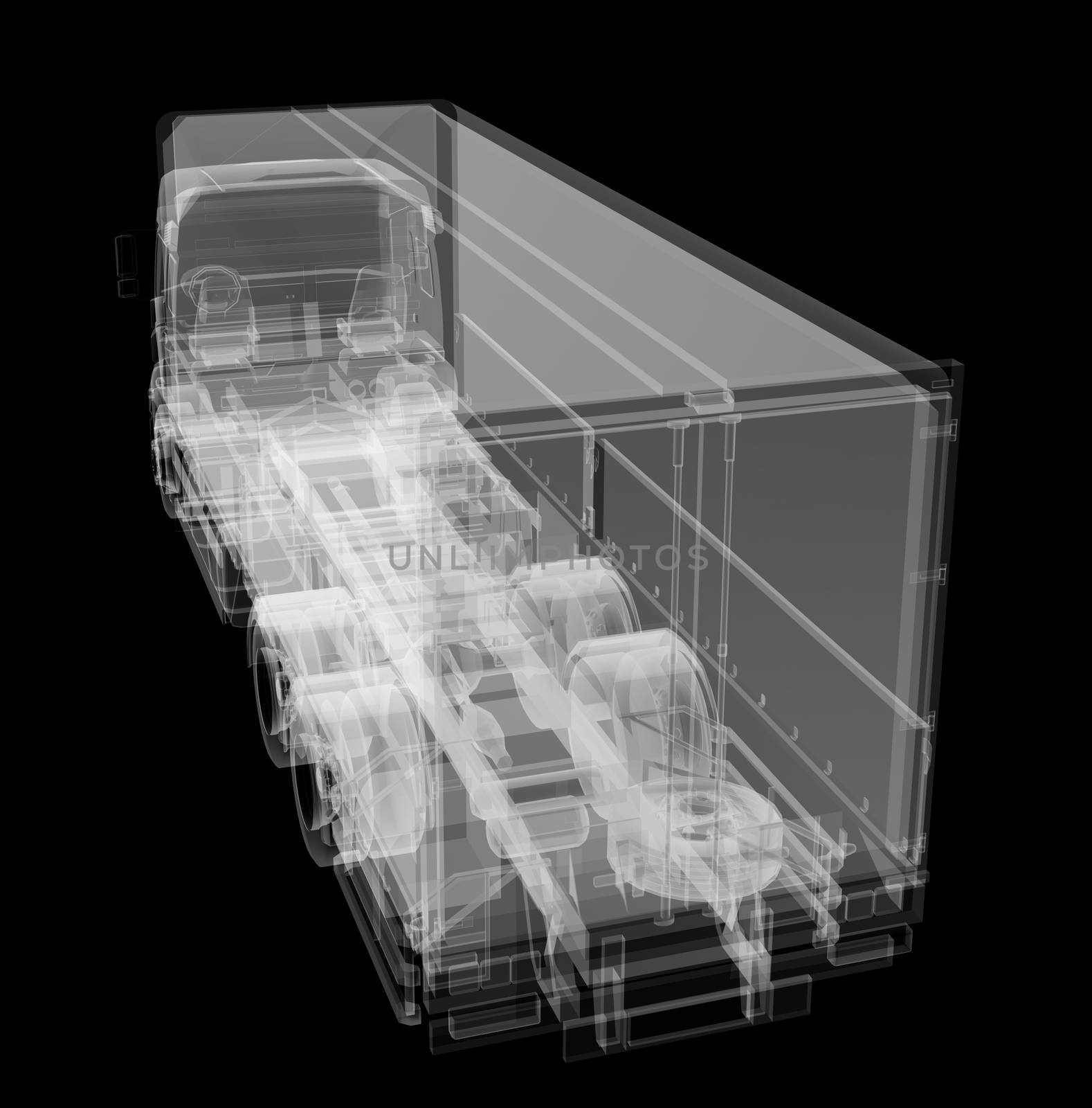 Truck x-ray on black background. 3D illustration