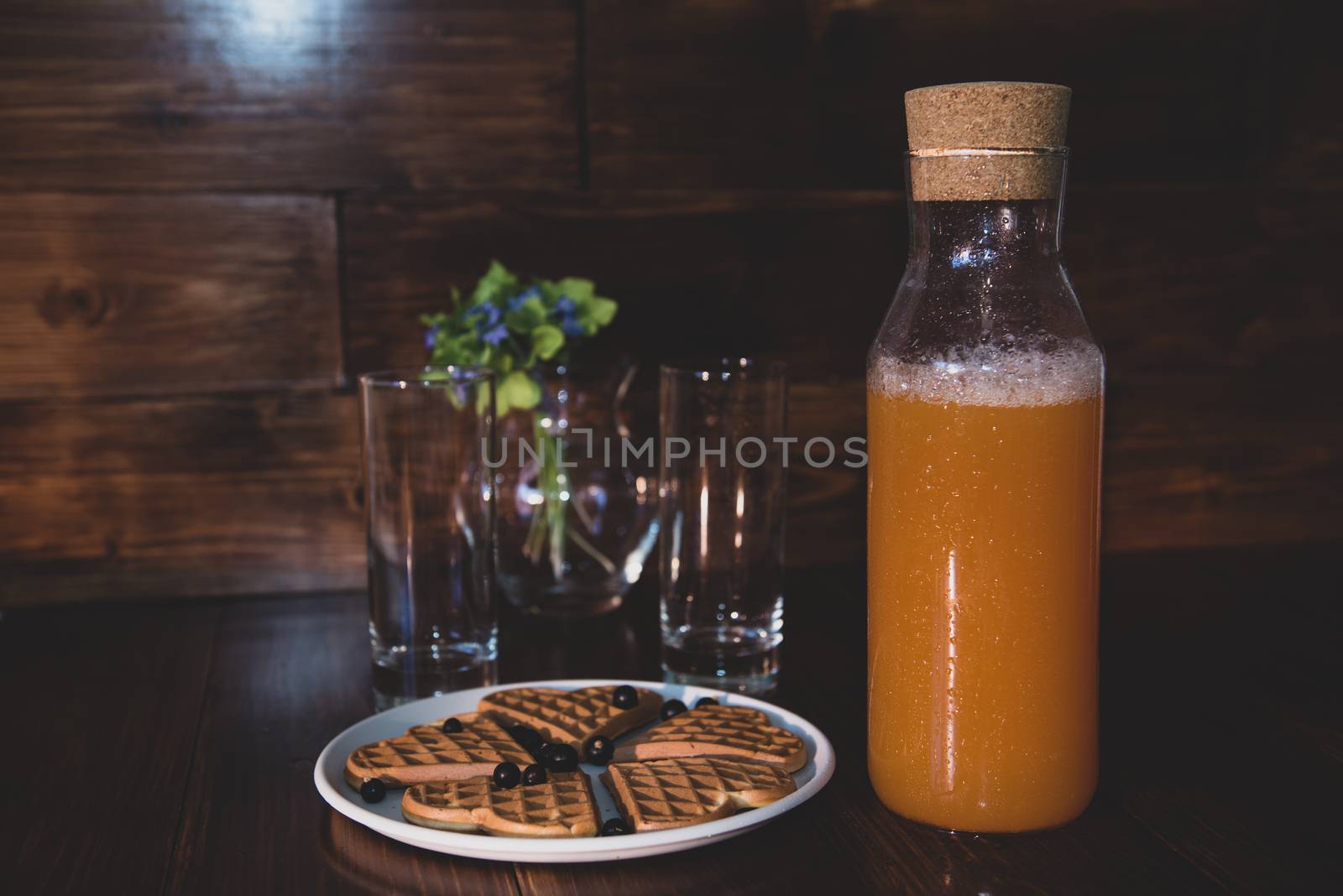 breakfast for two. freshly squeezed juice and wafers by marynkin