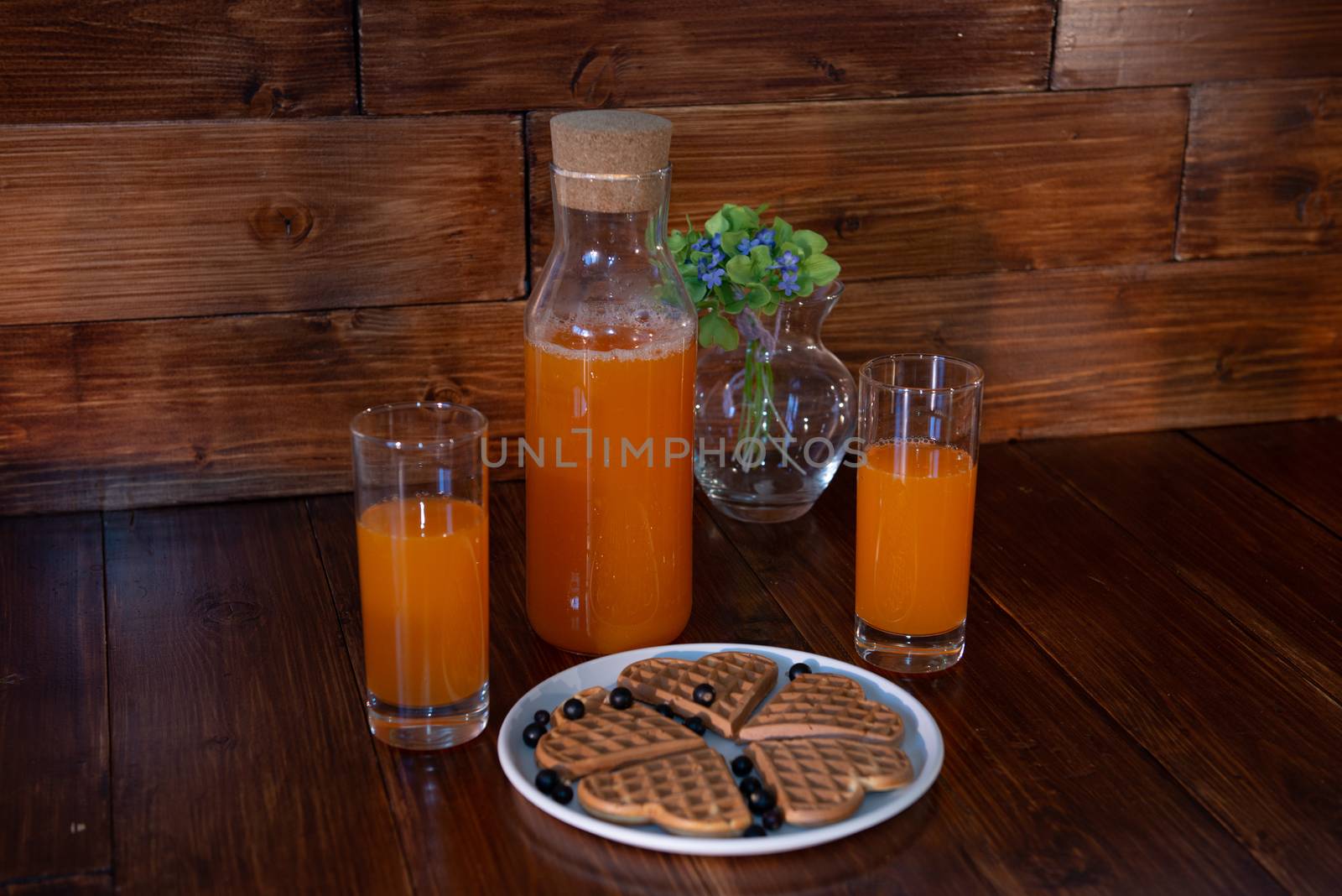 breakfast for two. freshly squeezed juice and wafers