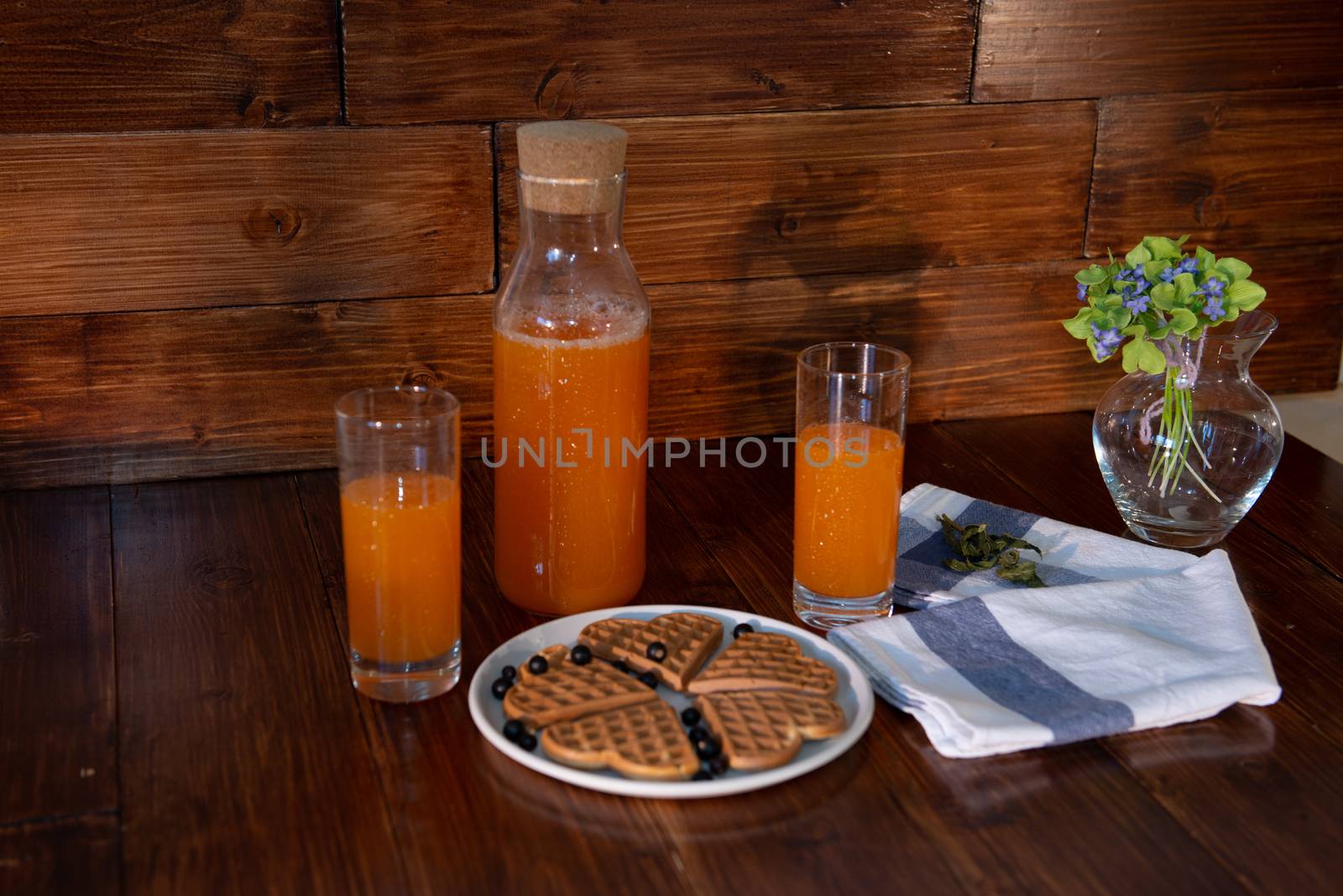 breakfast for two. freshly squeezed juice and wafers