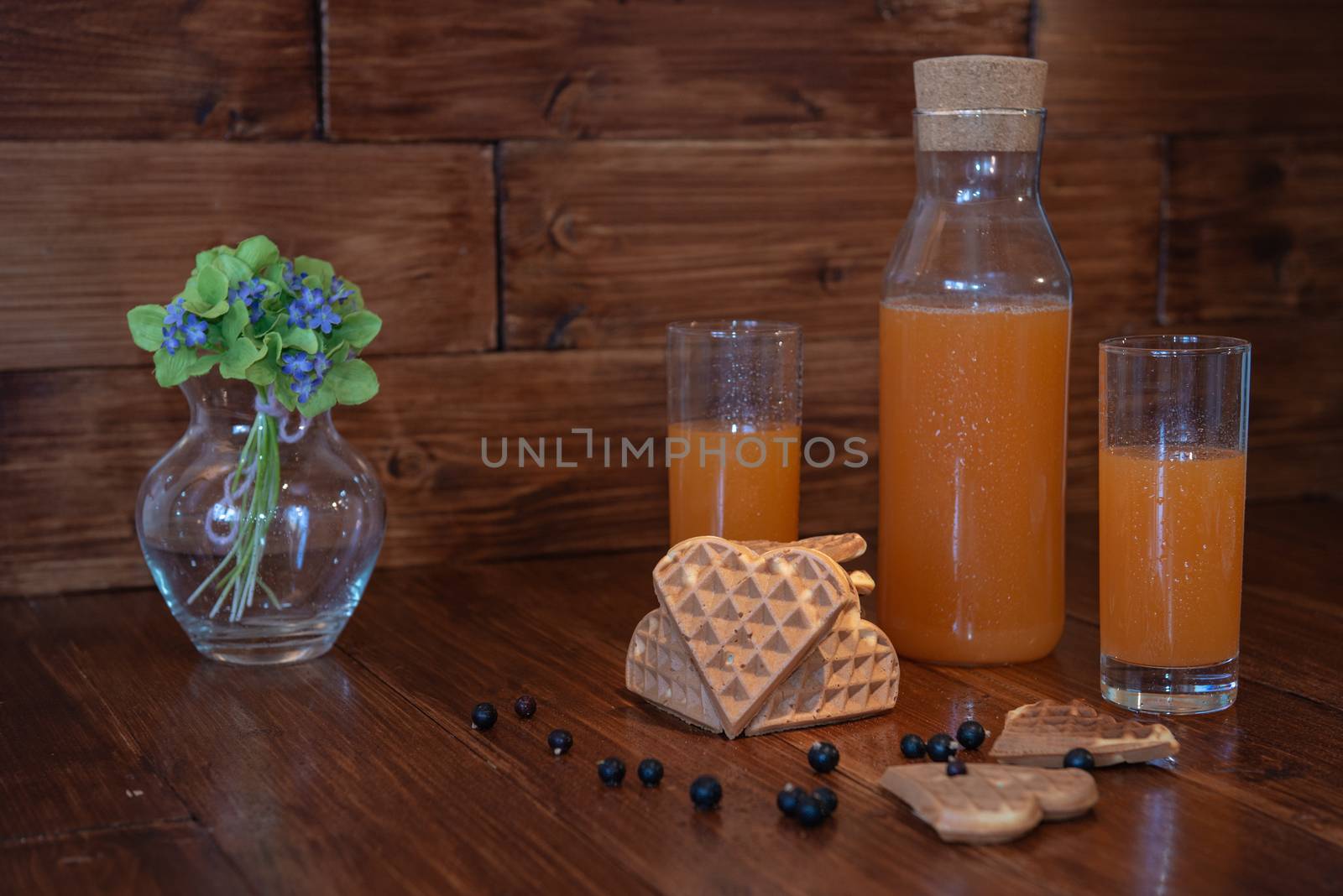 breakfast for two. freshly squeezed juice and wafers