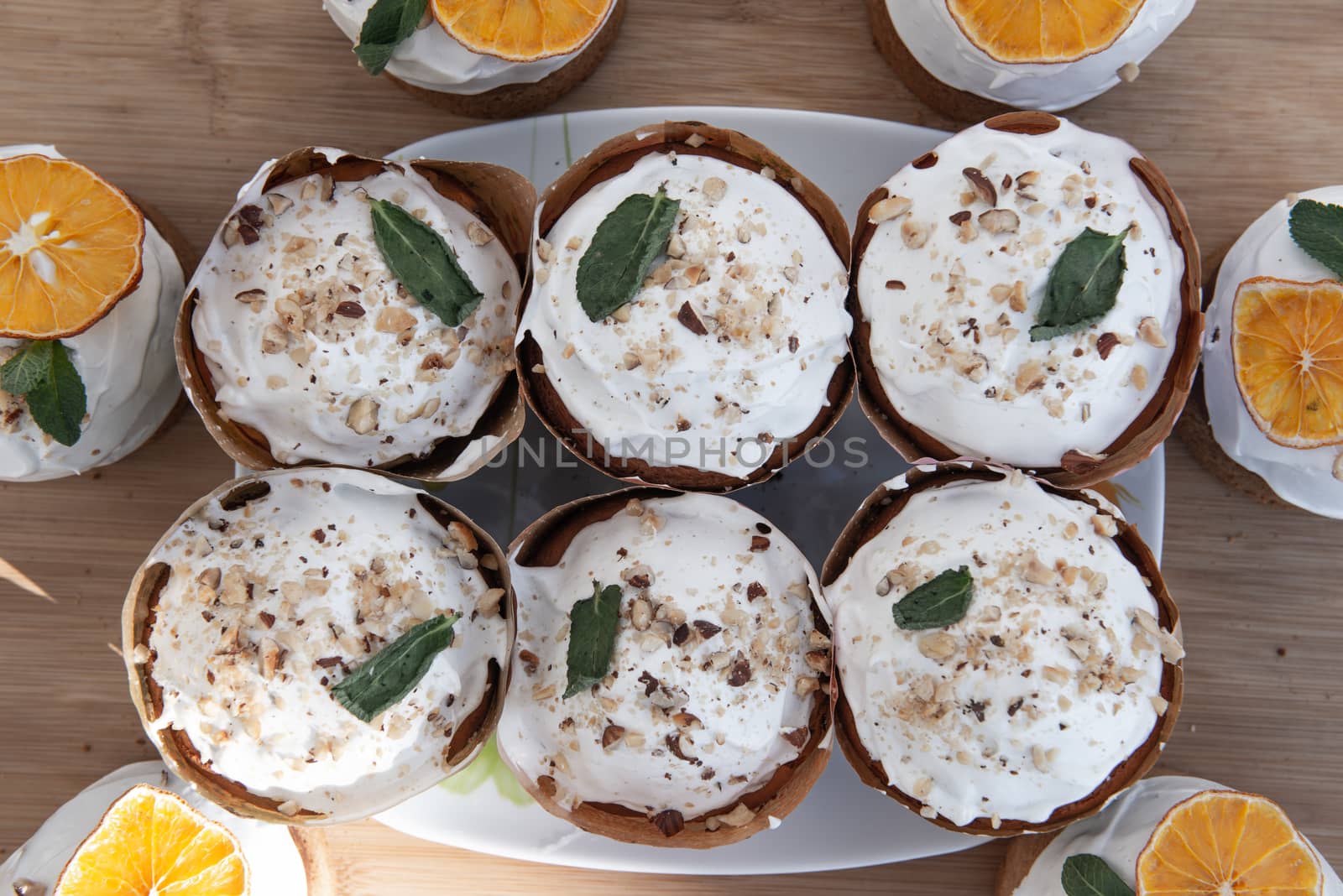 Easter, Easter cake with a complex composition, beautiful scenery, dried fruits.