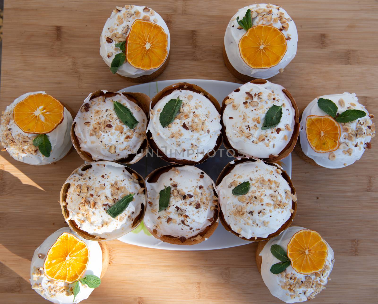 Easter, Easter cake with a complex composition, beautiful scenery, dried fruits.