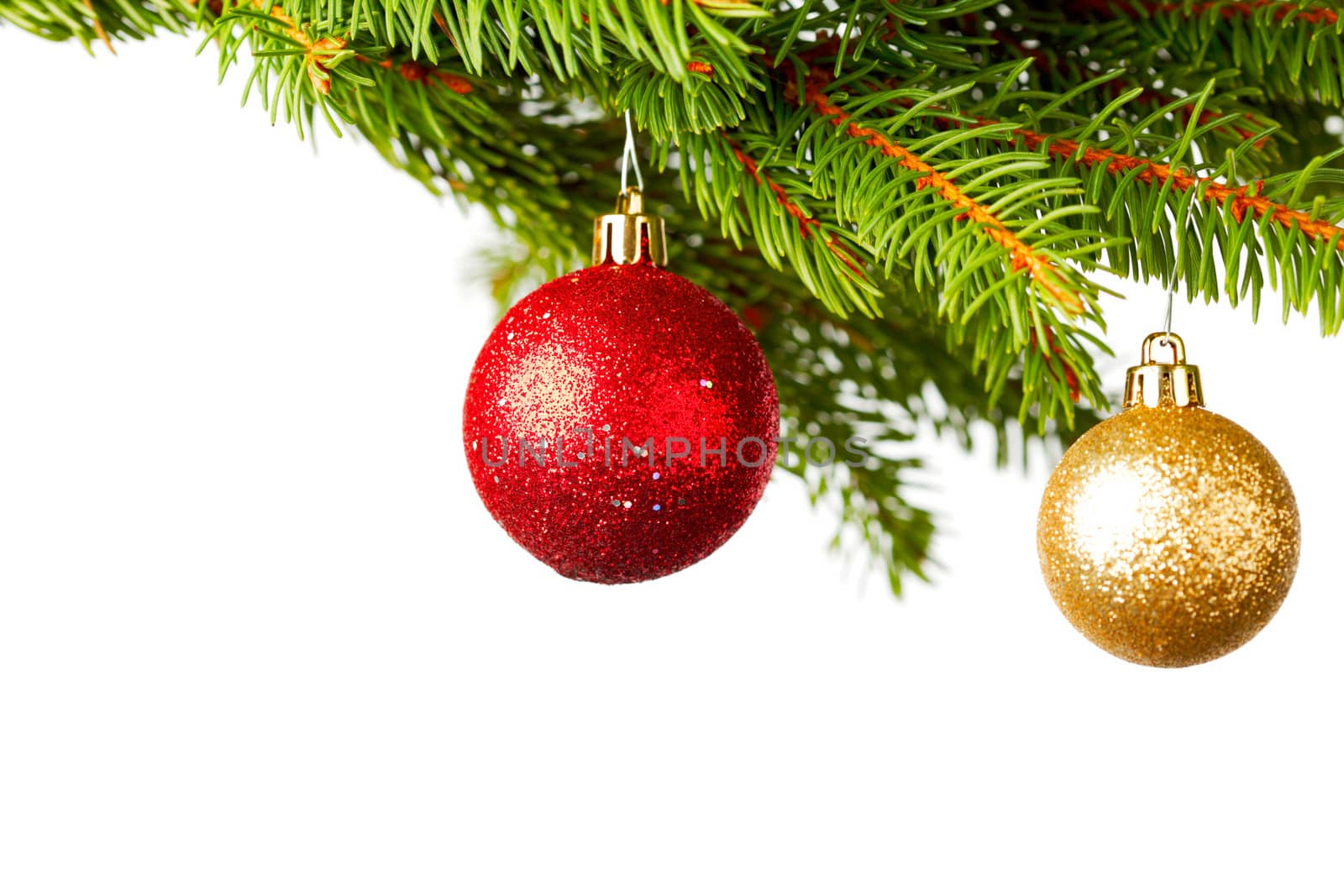 Decorative balls on natural green fir branch isolated on white background