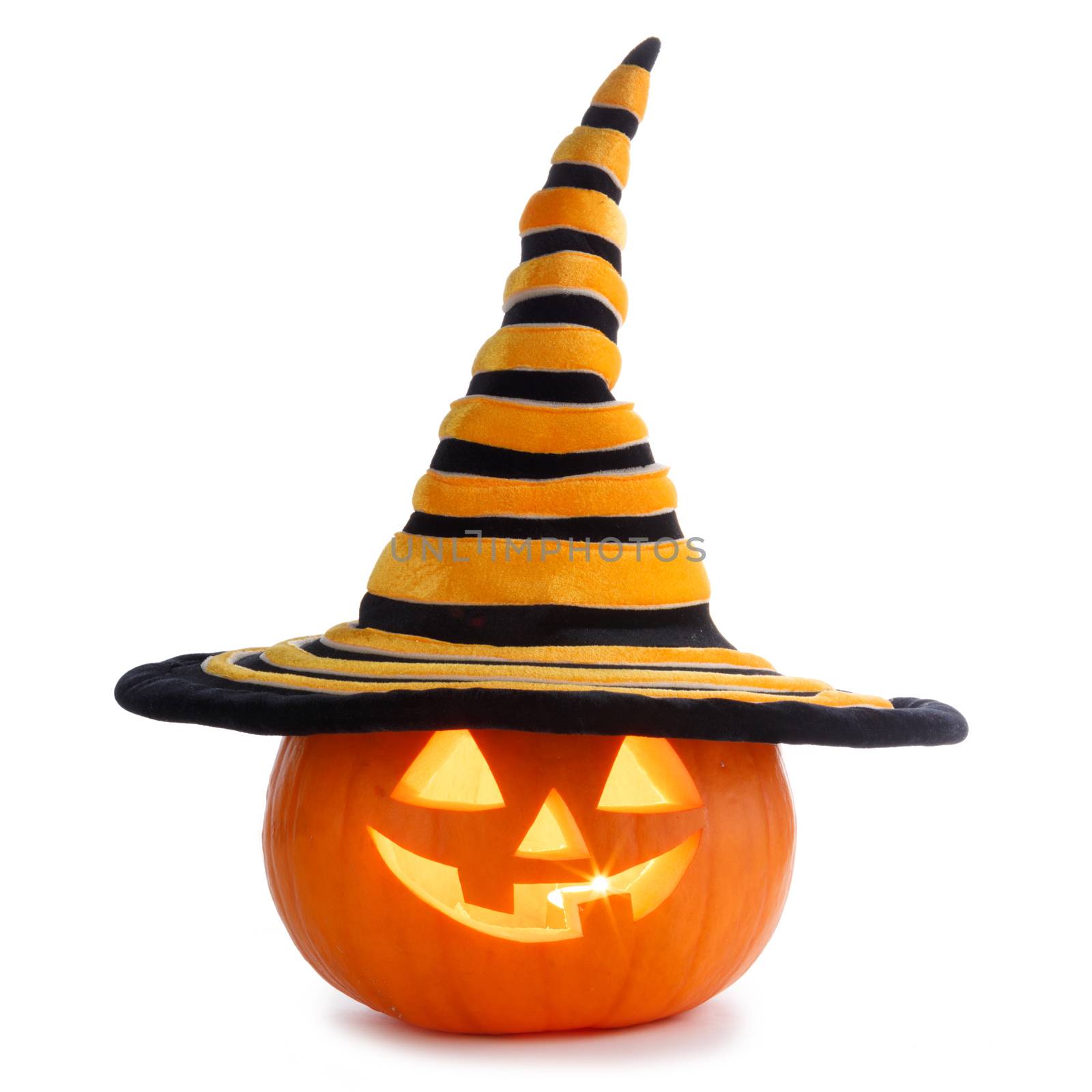 Jack O Lantern Halloween pumpkin with witches hat isolated on white background