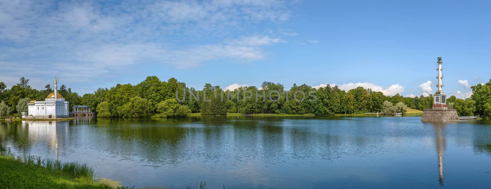 Panoramic view of the Great Pond with Turkish bath and Chesme Columnv in Catherine Park, Tsarskoye Selo, Russia