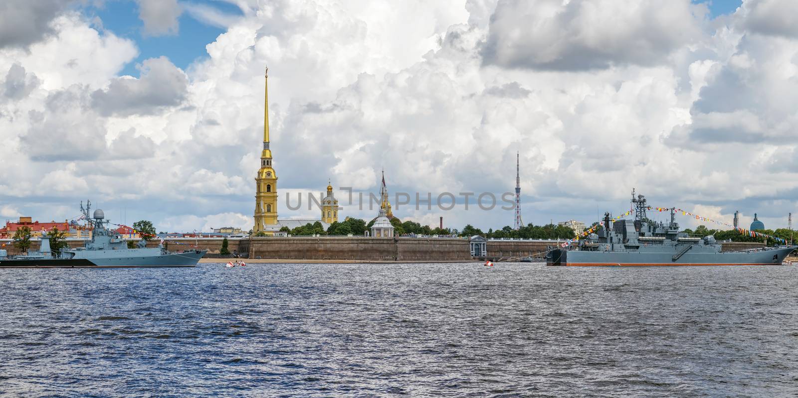 Panoramic view of Peter and Paul Fortress from Neva river, Saint Petersburg, Russia