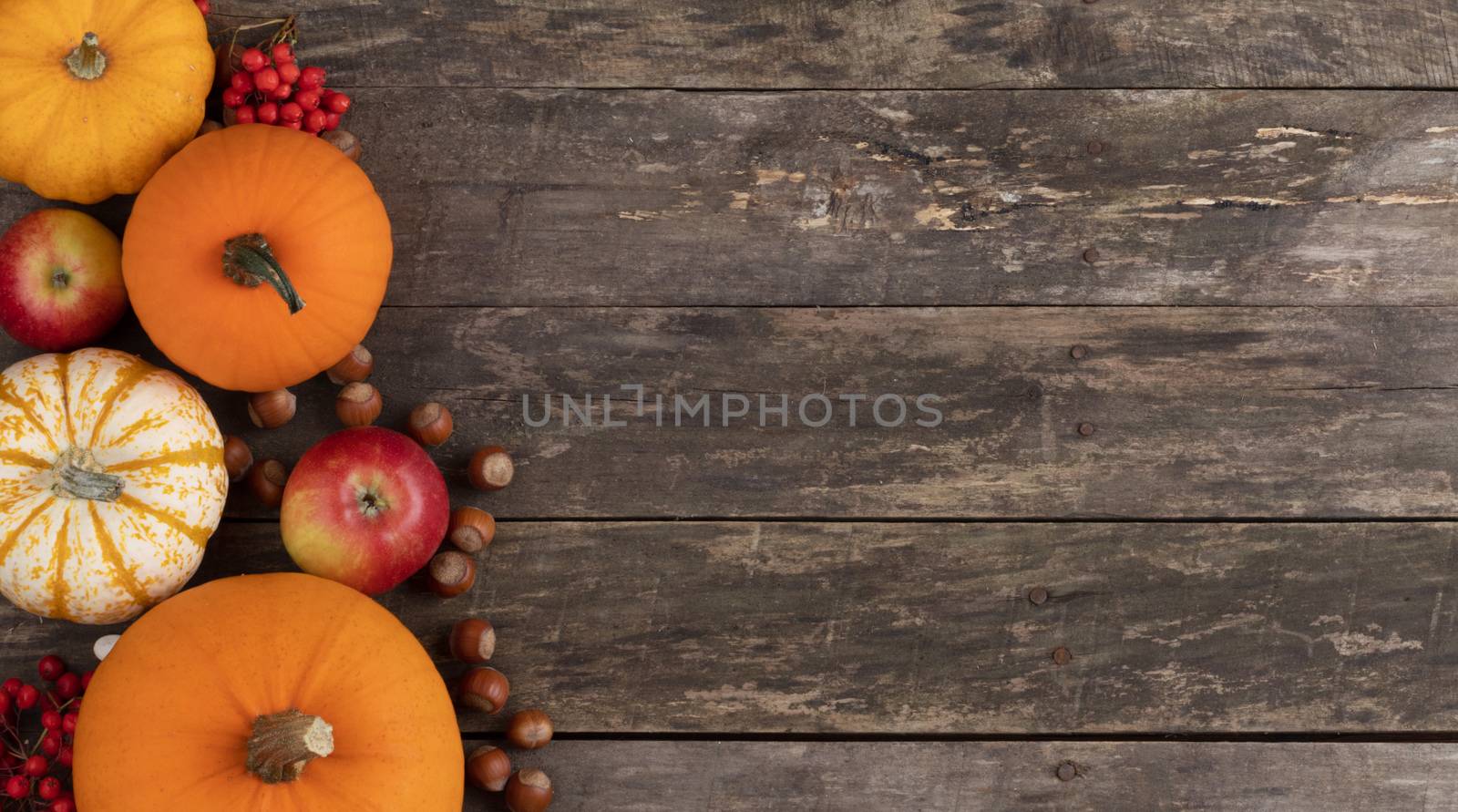 Autumn harvest still life with pumpkins , apples , hazelnuts on wooden background , top view
