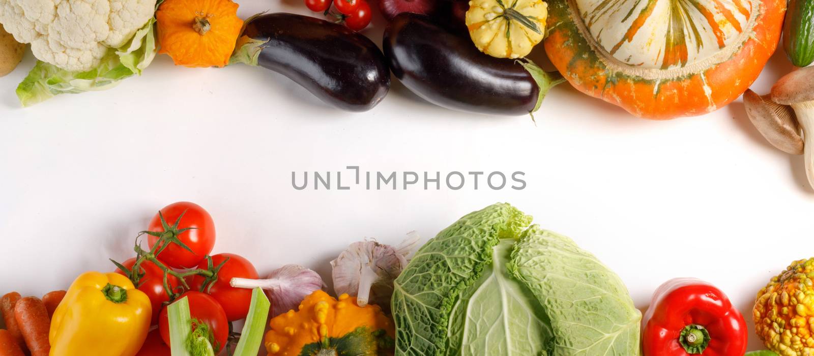 Harvest of many vegetables isolated on white background border frame with copy space for text