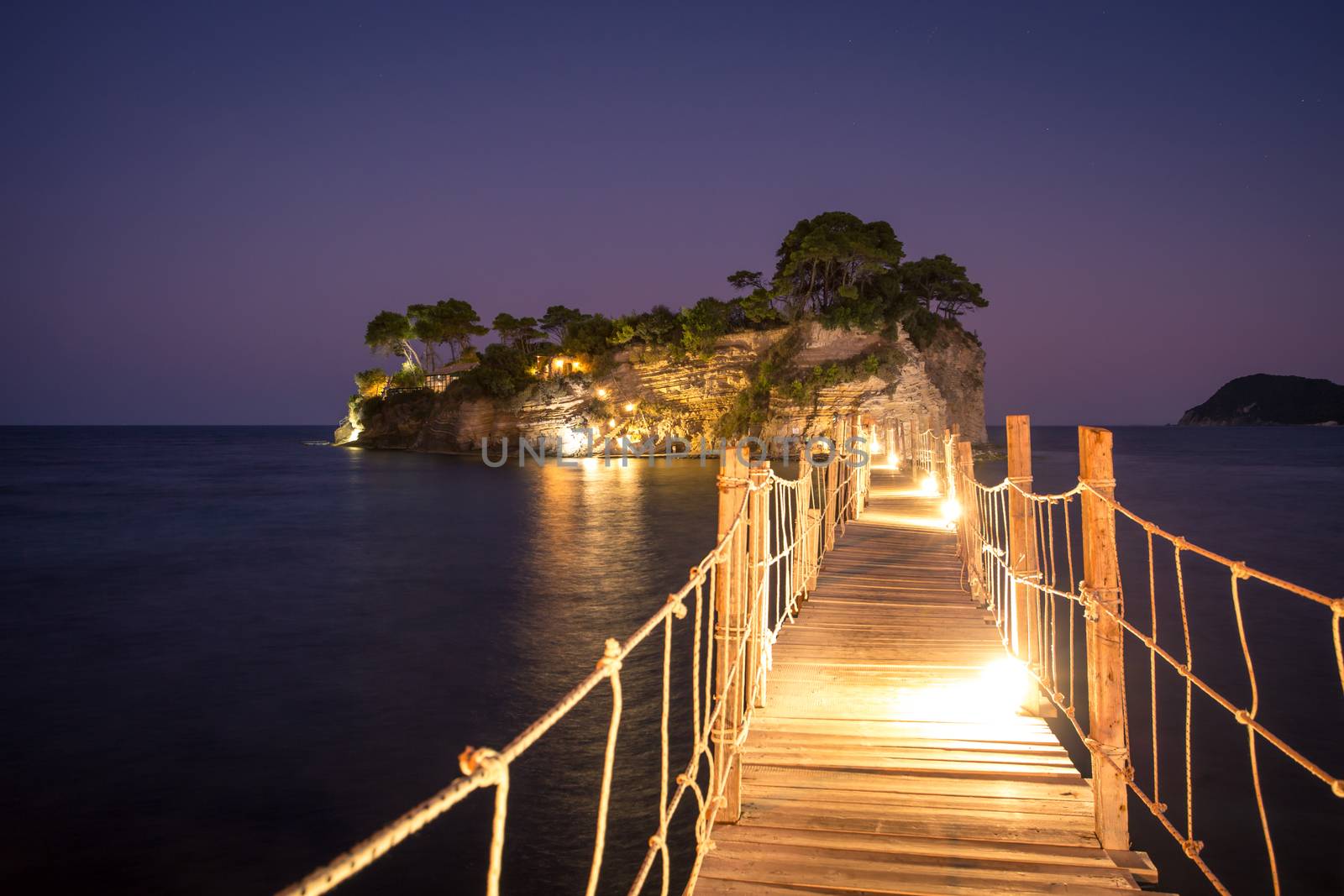 Hanging bridge to the island at night, Zakhynthos in Greece