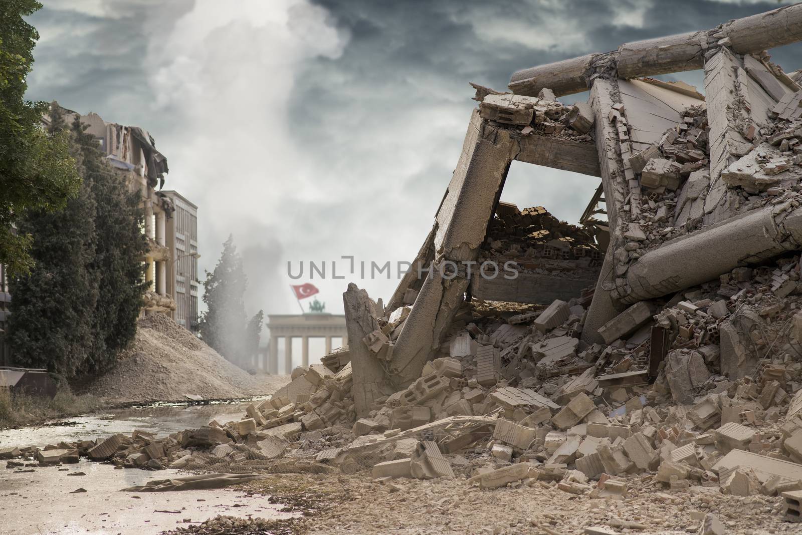 View on a collapsed concrete industrial building with German Brandenburg gate behind and Turkish flag above. Dark dramatic sky above. Damaged house. Scene full of debris