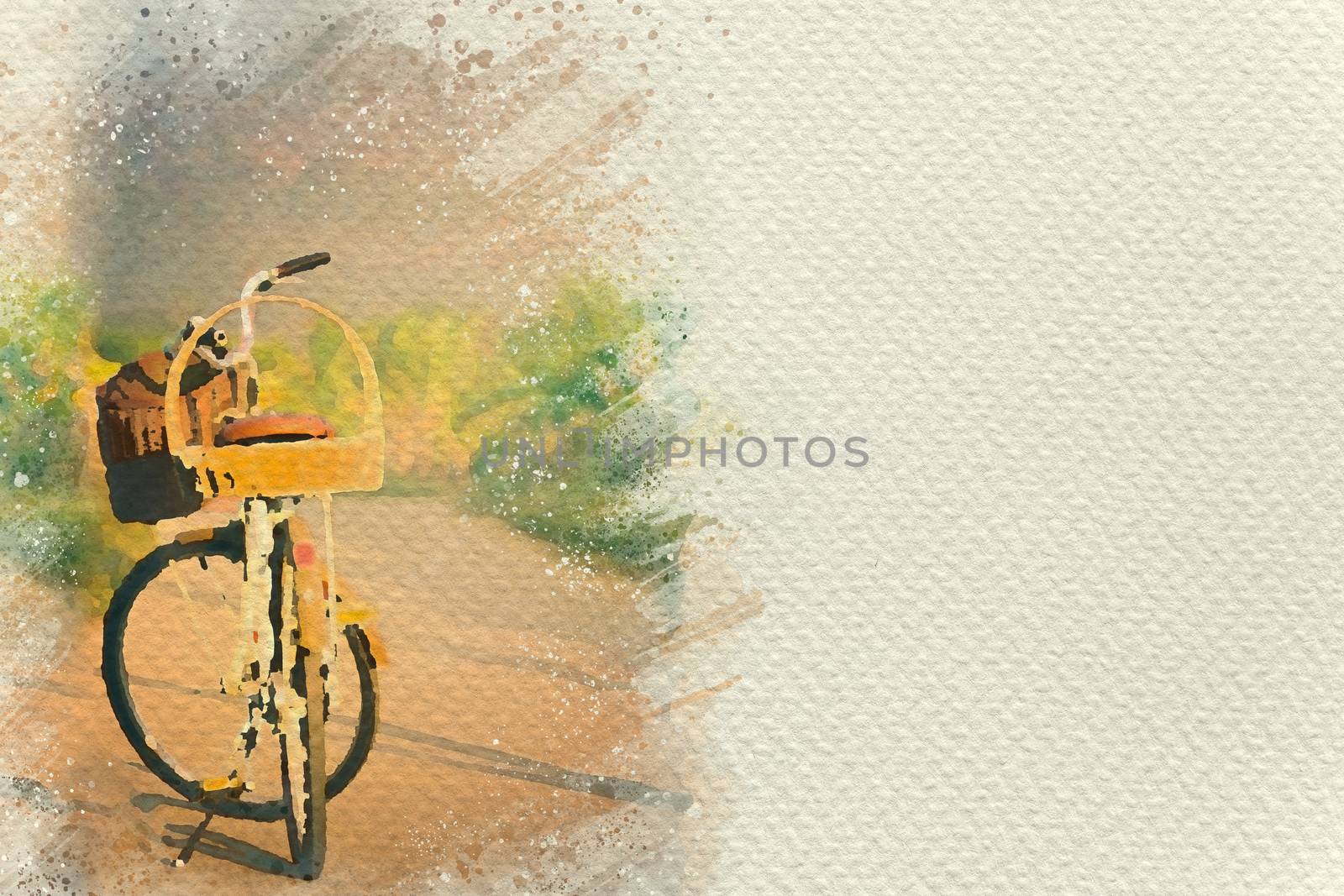 Bicycle parked on the wayside. Digital watercolor painting effect. Copy space for text.