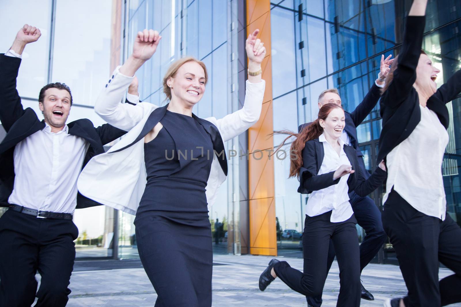 Happy running business people, success, freedon, vacation concept