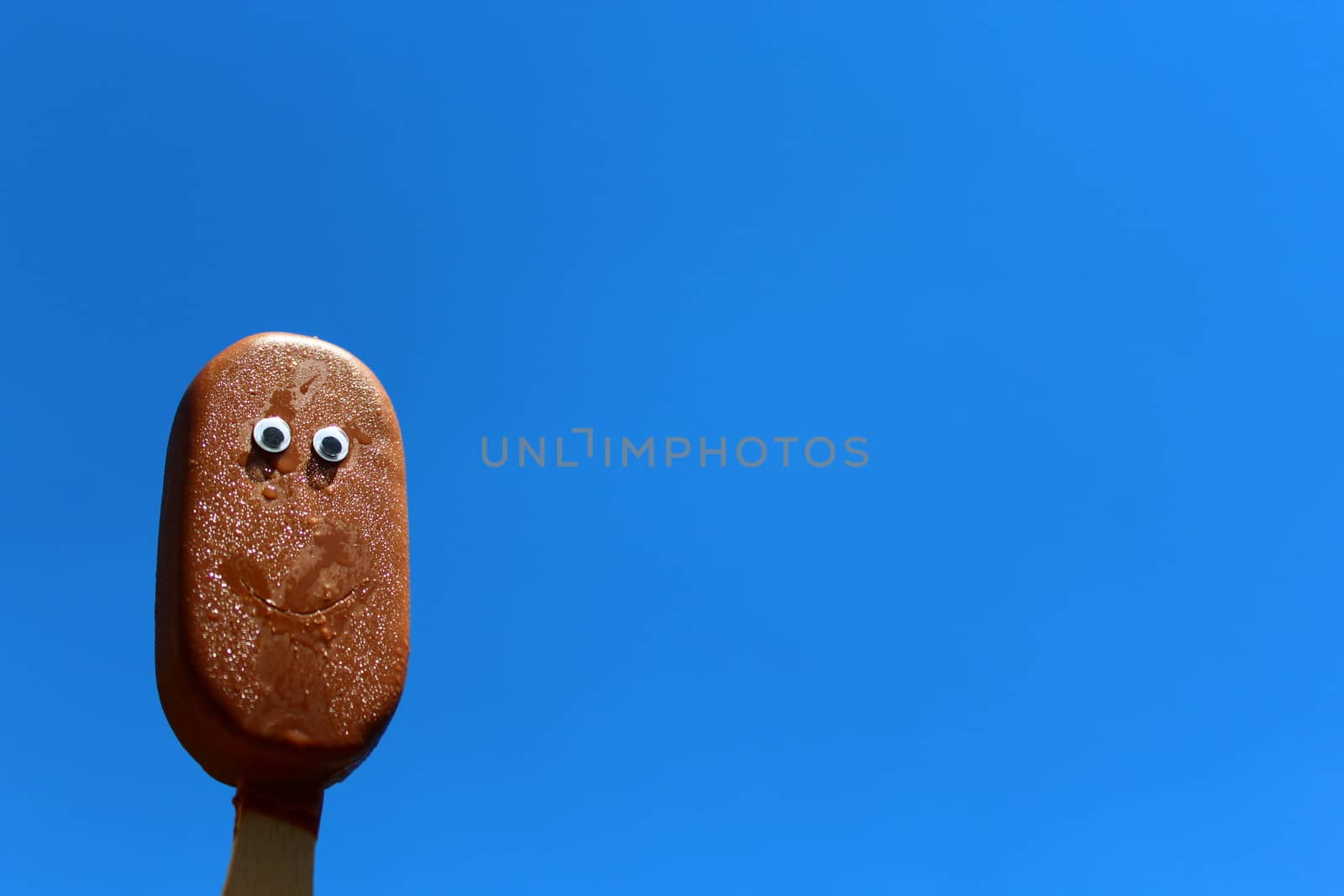 The picture shows an ice cream on a stick with a face and the blue sky.