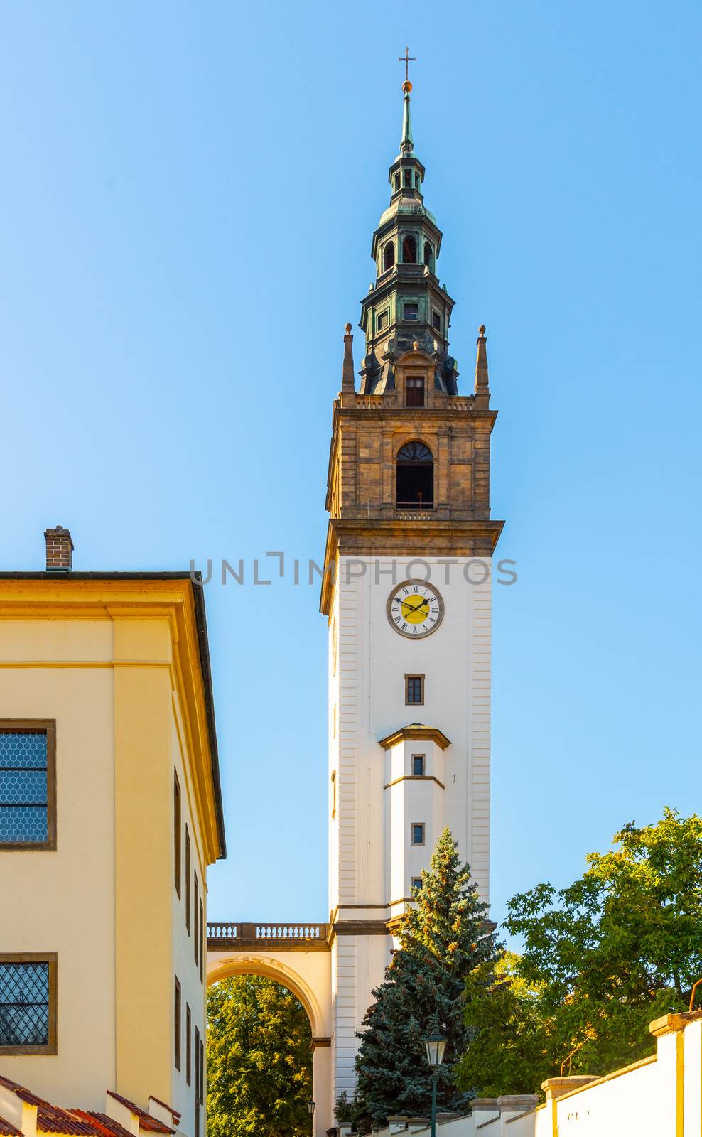 Bell tower at St. Stephen's Cathedral in Litomerice, Czech Republic.