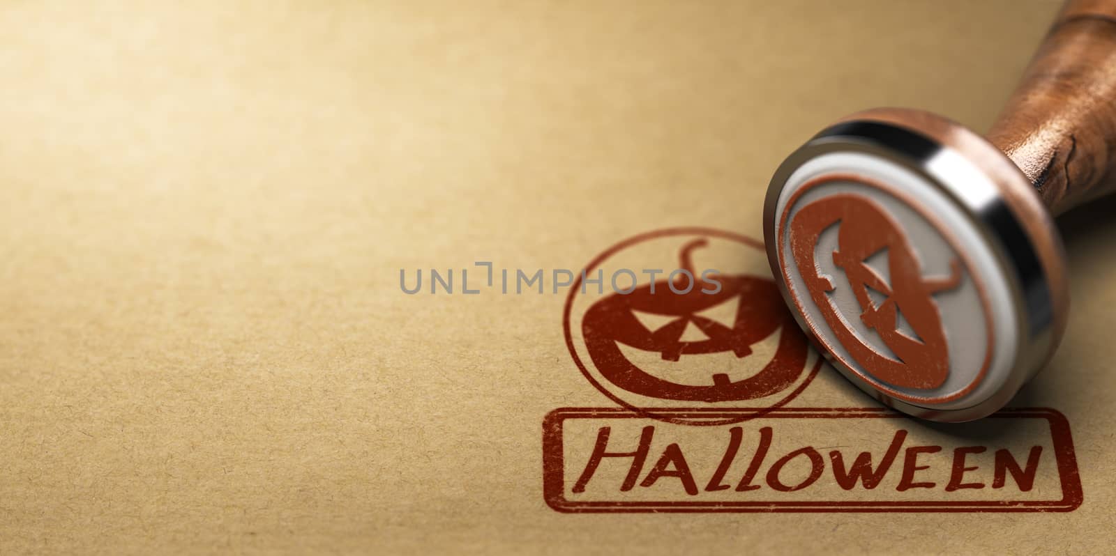 3D illustration of a rubber stamp with a pumpkin symbol and the word halloween printed on paper background.